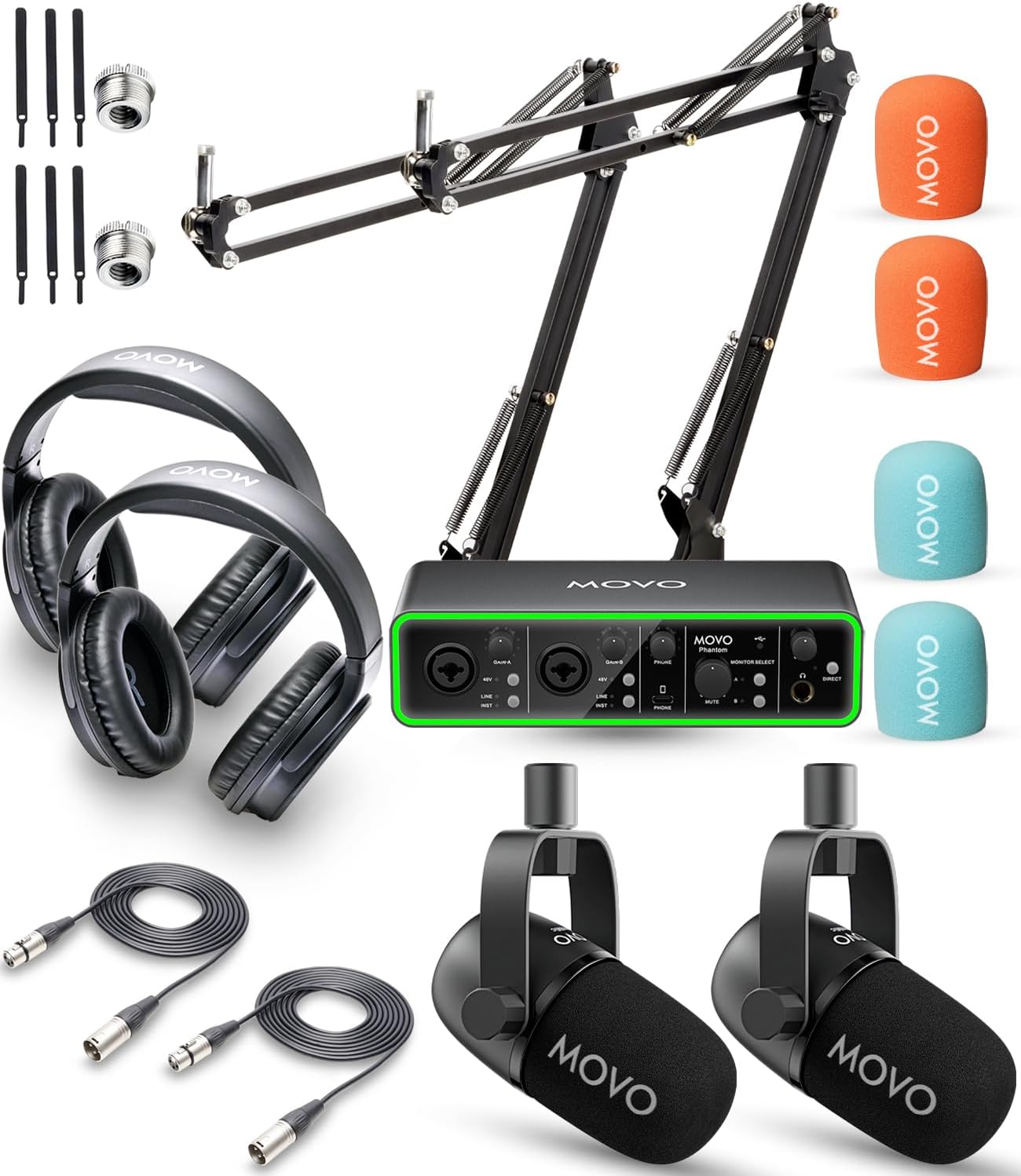 Movo Podcast Equipment Bundle for 2 with USB Audio Interface and 2 CastMic Dynamic Podcast Microphone Bundle with Mic Boom Arms and Headphones for Podcasting, Streaming, and Musicians - Podcast Kit