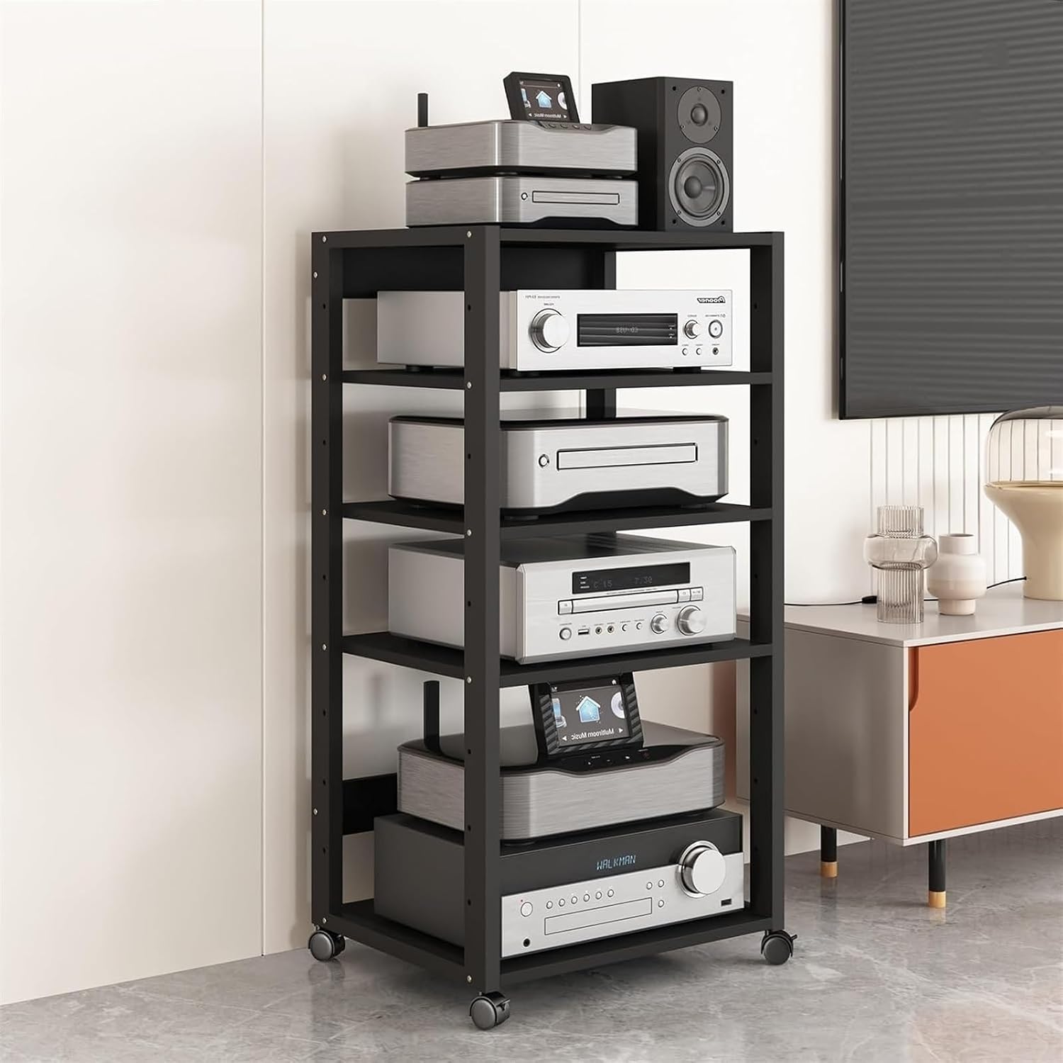 WDJBPSH Home Theater Equipment Storage Rack, 43.3inch Tall Audio-Video Media Stand with Adjustable Shelf & Brake Wheels, Freestanding Corner Entertainment Center(6-Tier - H 131cm/51.5 in)