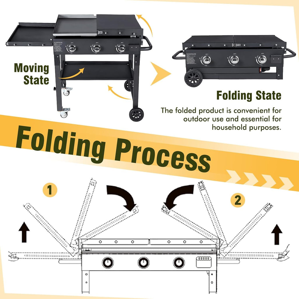 BESTFIRE Foldable Flat Top Grill, Outdoor Griddle-3 Burner Propane Griddle with Two Foldable Shelves,36' Flat Grills Outdoor-45,000 BTU Gas Grill for BBQ& Outdoor Cooking,Black