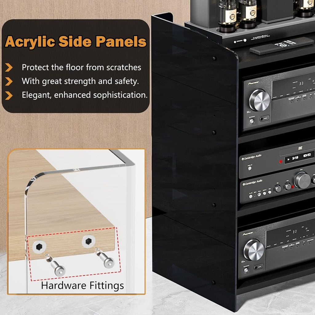 3-Tier Media Console Table & Stereo Stand Cabinet, Acrylic Audio Equipment Rack with Adjustable Shelves for Living Room, Record Player Tower Organizer (Light Coffee)