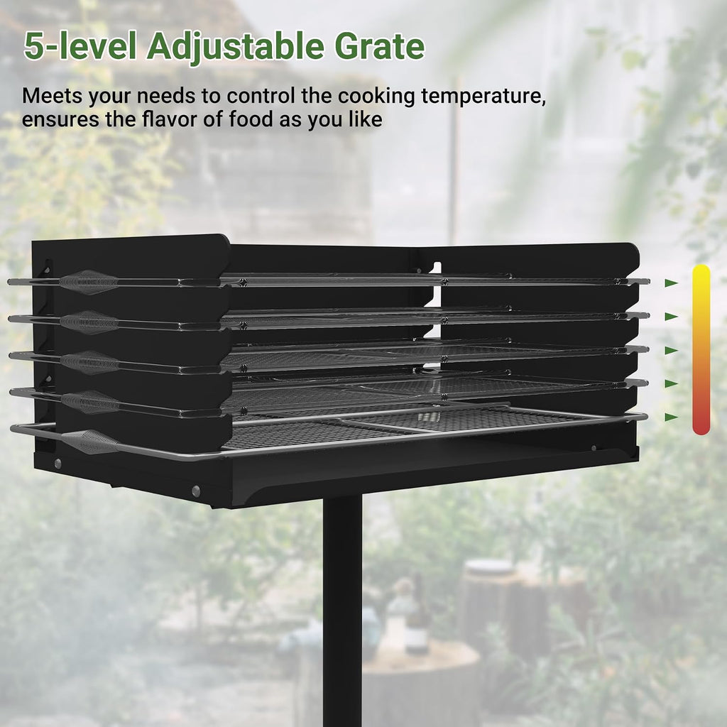 Park Grills, 384 Sq. In, Park Style Charcoal Grill, Heavy Duty In Ground Park Grill with Stainless Steel Cooking Grate and Cover for Commercial and Outdoor Cooking 25.5'' L x 17'' W x 11'' H