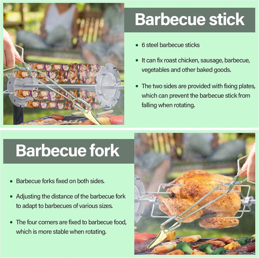 ptlsy Rotating Barbecue Charcoal Grill with Rotisserie Meat Forks & 6-Piece Skewer Set for Outdoor Cooking Camping Hiking Picnics Tailgating Backpacking or Any Outdoor Event
