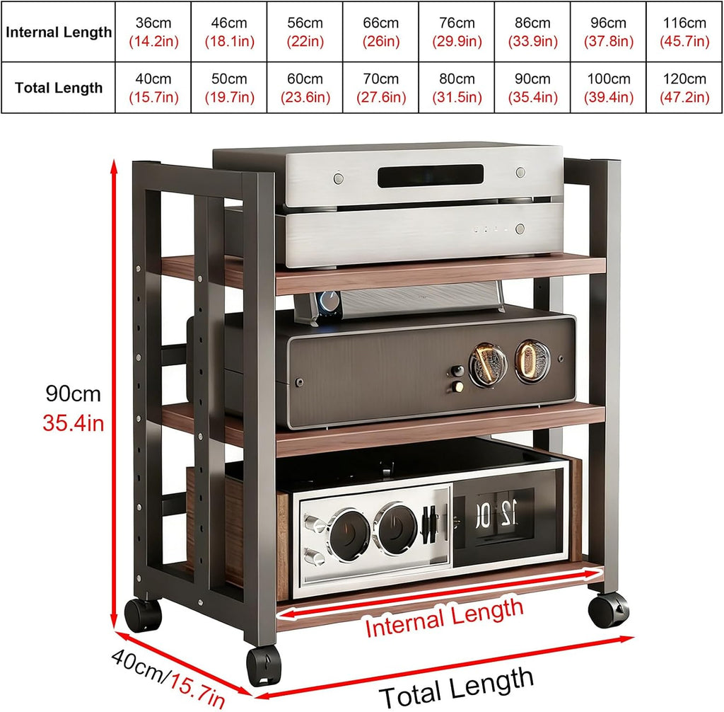 3-Tier Adjustable Audio Rack with Rolling Wheels - Heavy-Duty Media Stand for Amplifiers, Receivers & Turntables - 40cm (15.7in) Storage Solution for Home Theater
