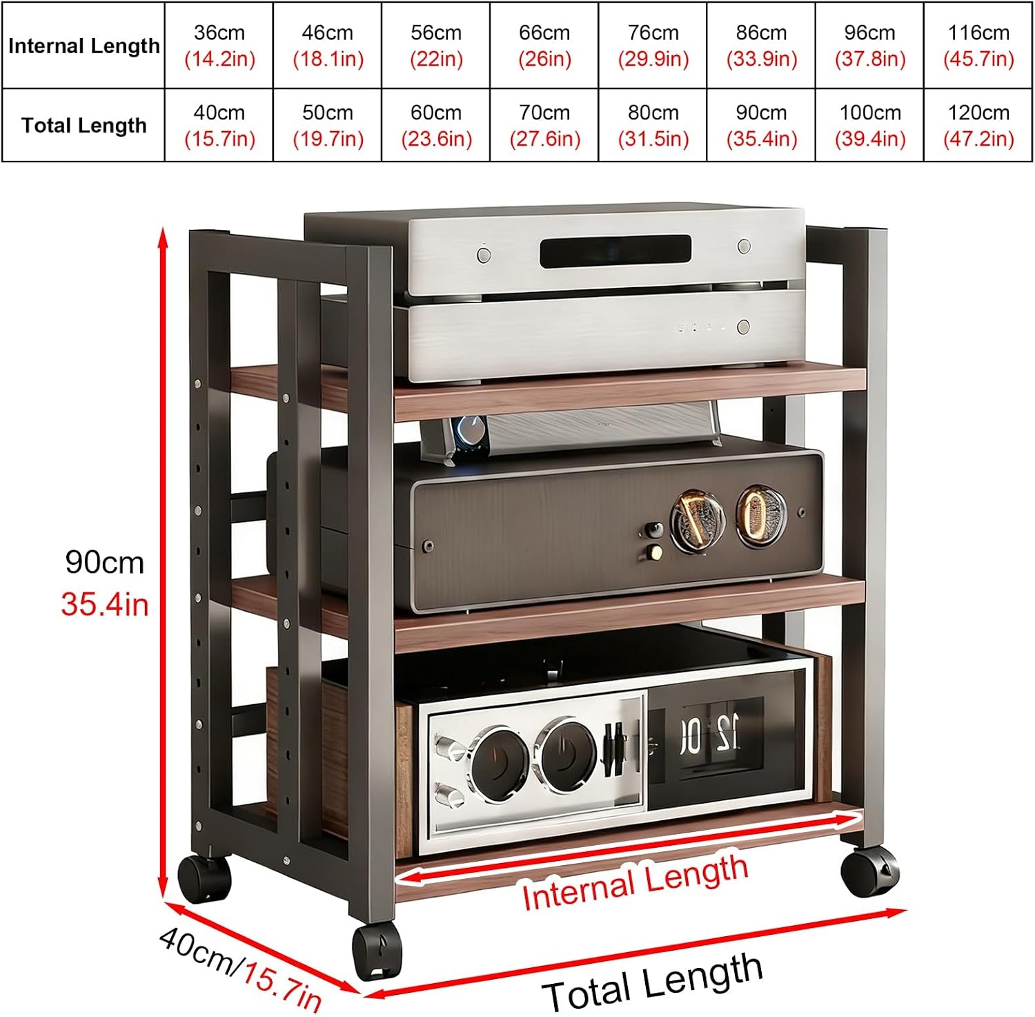 3-Tier Adjustable Audio Rack with Rolling Wheels - Heavy-Duty Media Stand for Amplifiers, Receivers & Turntables - 40cm (15.7in) Storage Solution for Home Theater