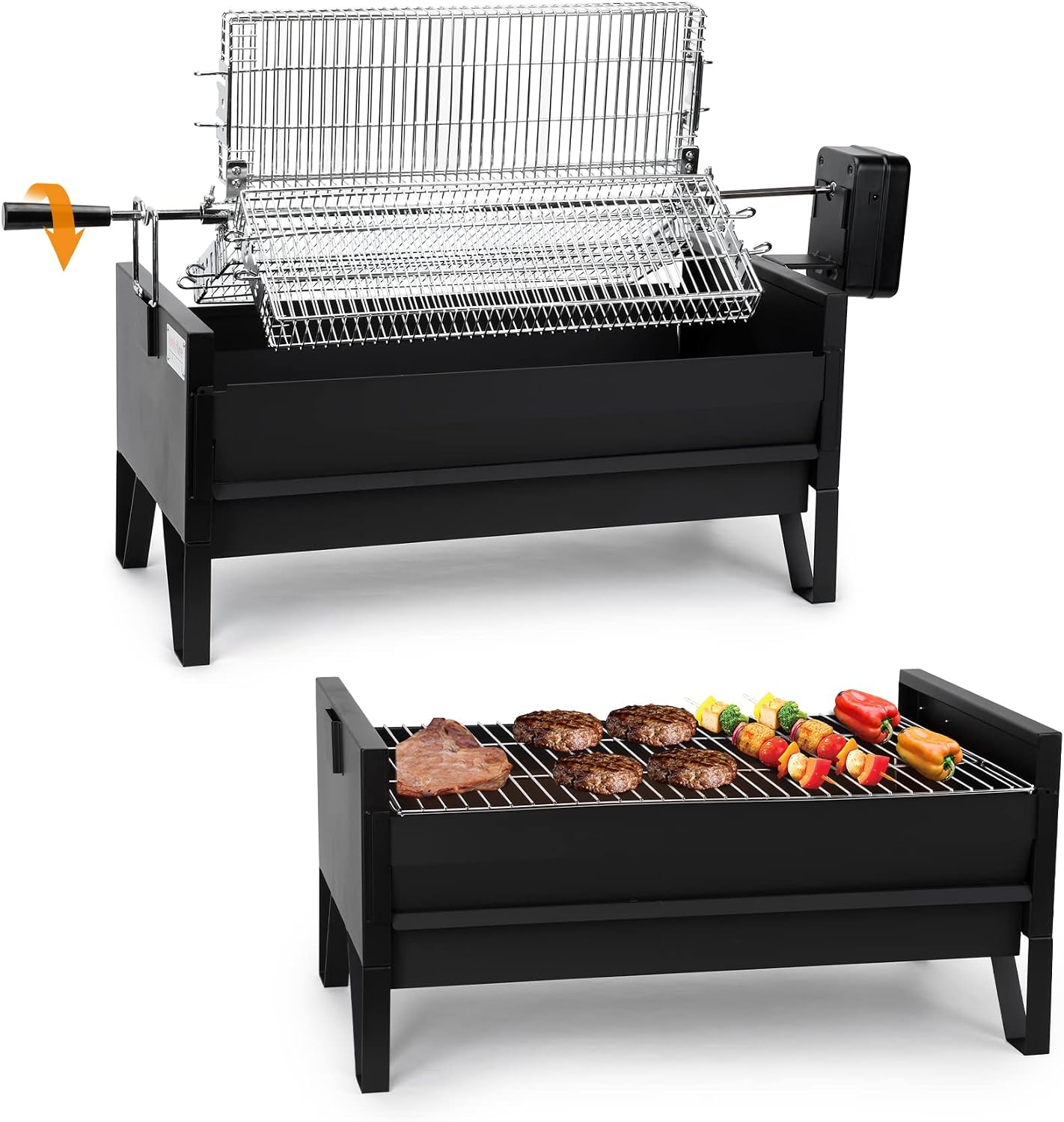ONLYFIRE GRILLS 2 IN 1 Charcoal Grill Rotisserie Kit with 3 Stainless Steel Rotating Baskets and 24 In Grill Grate, Auto Swivel BBQ Roasting Machine for Outdoor Patio Backyard Barbecue, GS304