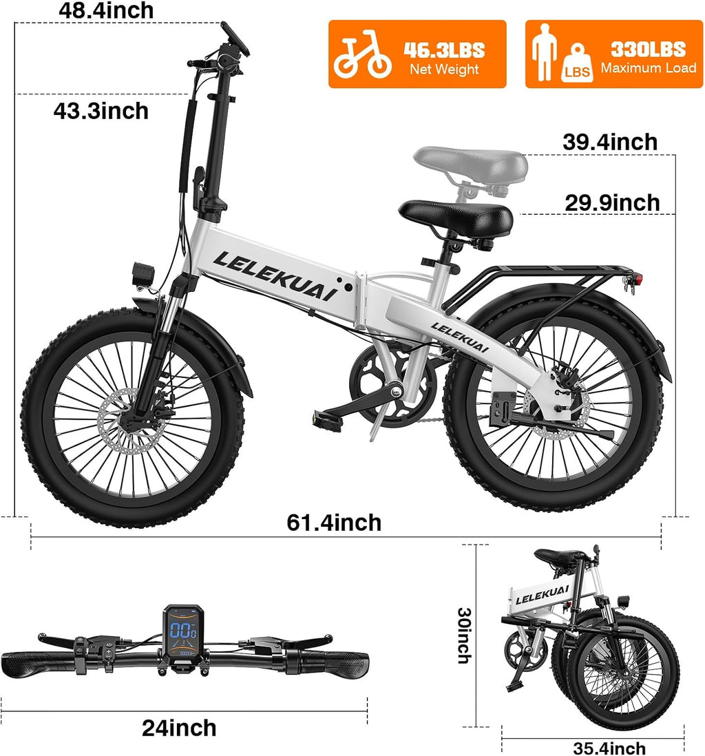 LELEKUAI Electric Bike for Adults and Teens, 520W-560W Motor, 20-24MPH, 32 Miles Range, 48V 10Ah Battery, 3-Level Pedal Assist, 14' Foldable Mini Electric Bicycle, UL 2849 Certified