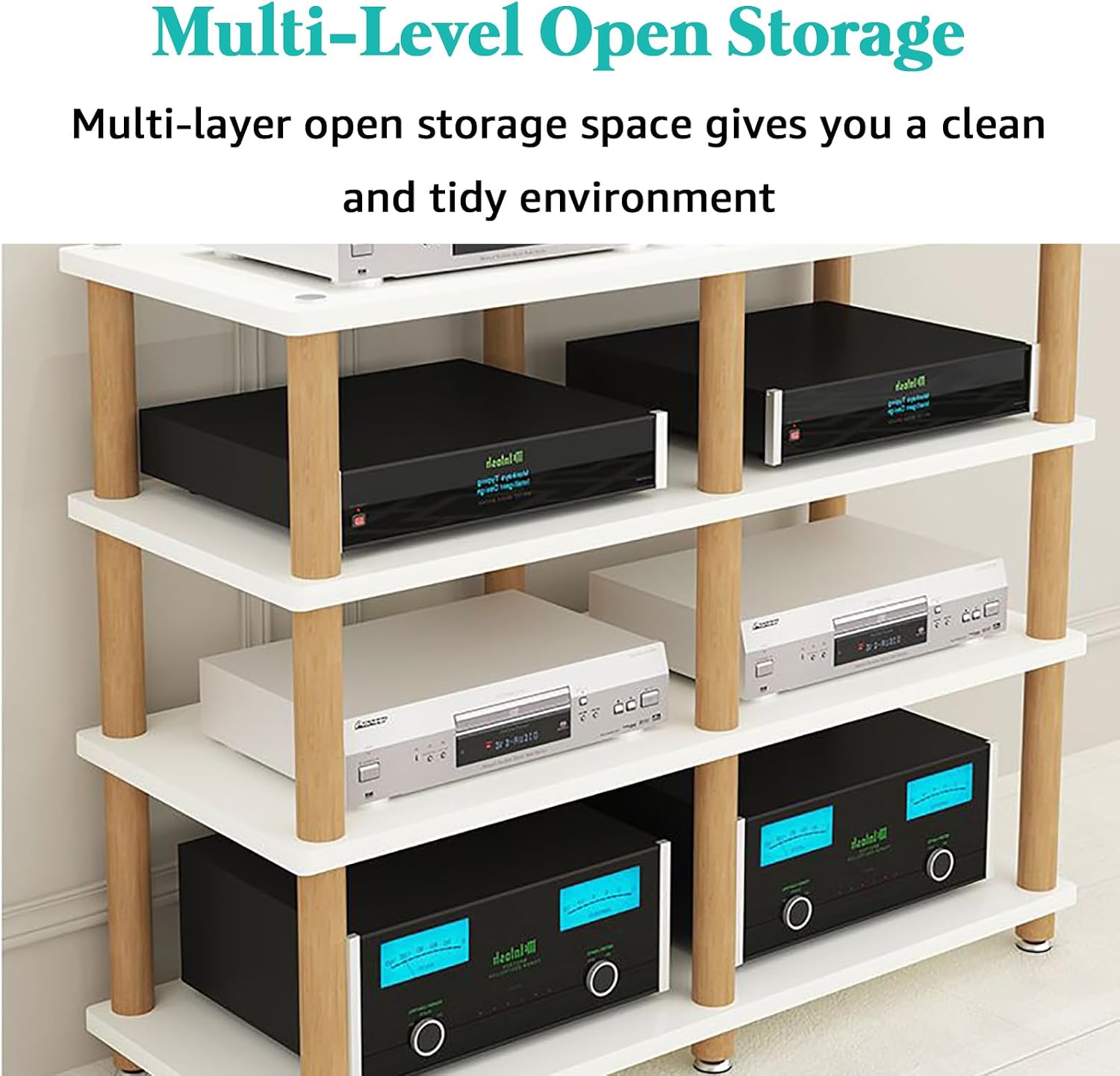 2 Tier AV Media Stand for Record Player, DVD, CD & Audio - Adjustable Storage Cabinet & Entertainment Rack, Black Tower Holder for Stereo Equipment