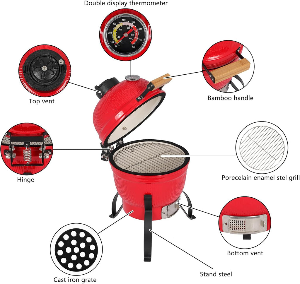 Outvita Ceramic Grill, 13' Round Kamado Charcoal Grill, Portable Barbecue Grill with Thermometer for Variations on Cooking Methods(Red)