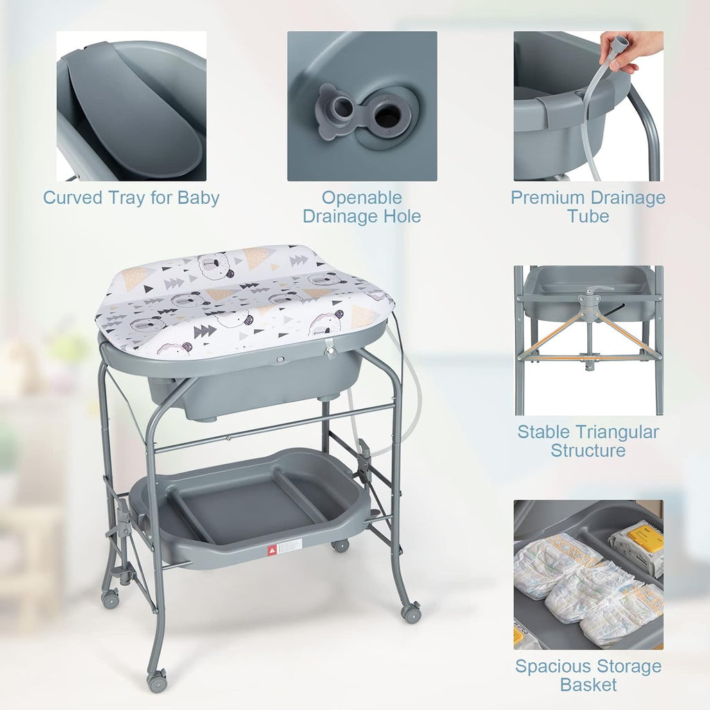 HONEY JOY 2-in-1 Baby Bathtub & Changing Table, Foldable Infant Diaper Changing Station with Wheels, Storage Tray, Waterproof Pad, Portable Newborn Nursery Organizer Bath Stand for Boys Girls (Gray)