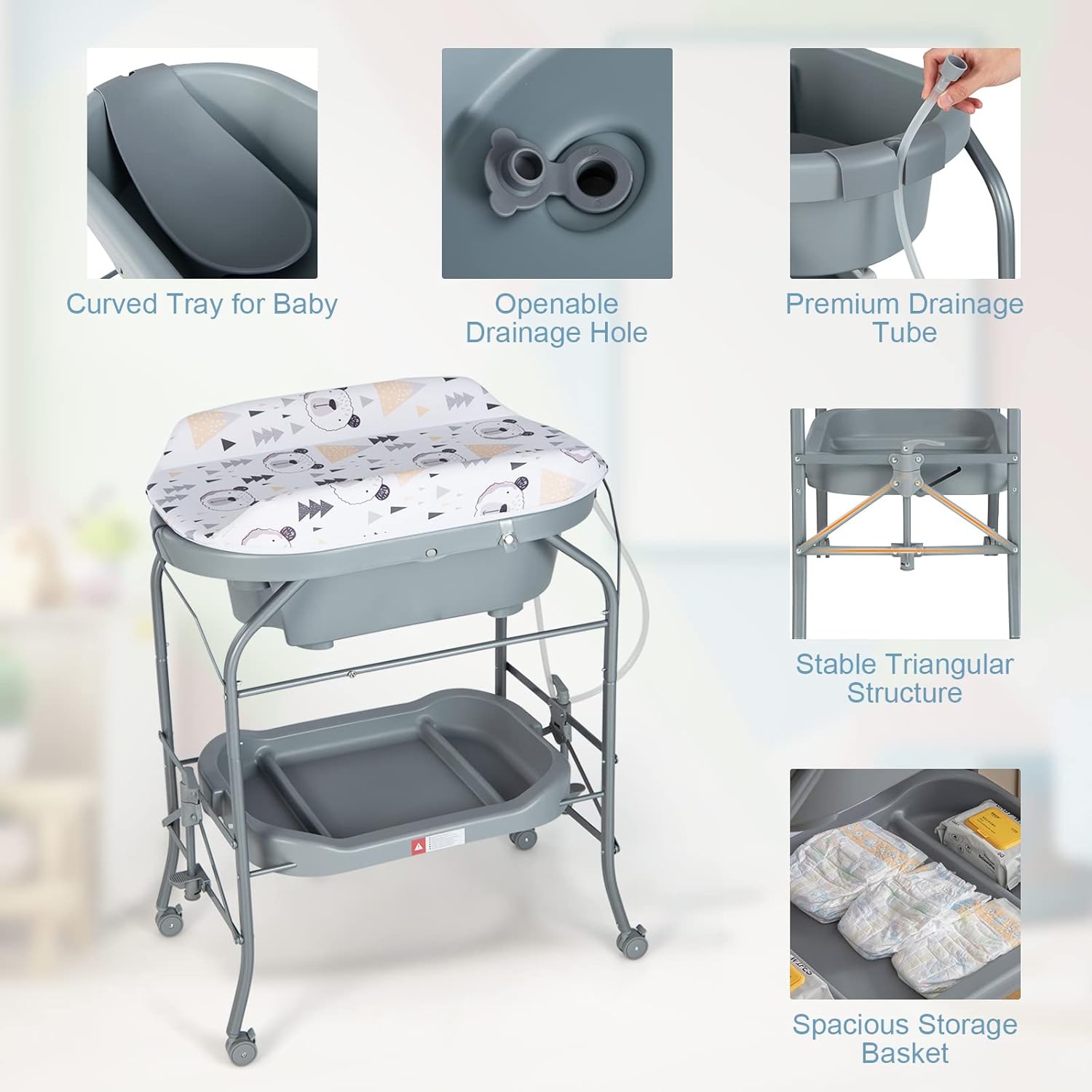 HONEY JOY 2-in-1 Baby Bathtub & Changing Table, Foldable Infant Diaper Changing Station with Wheels, Storage Tray, Waterproof Pad, Portable Newborn Nursery Organizer Bath Stand for Boys Girls (Gray)
