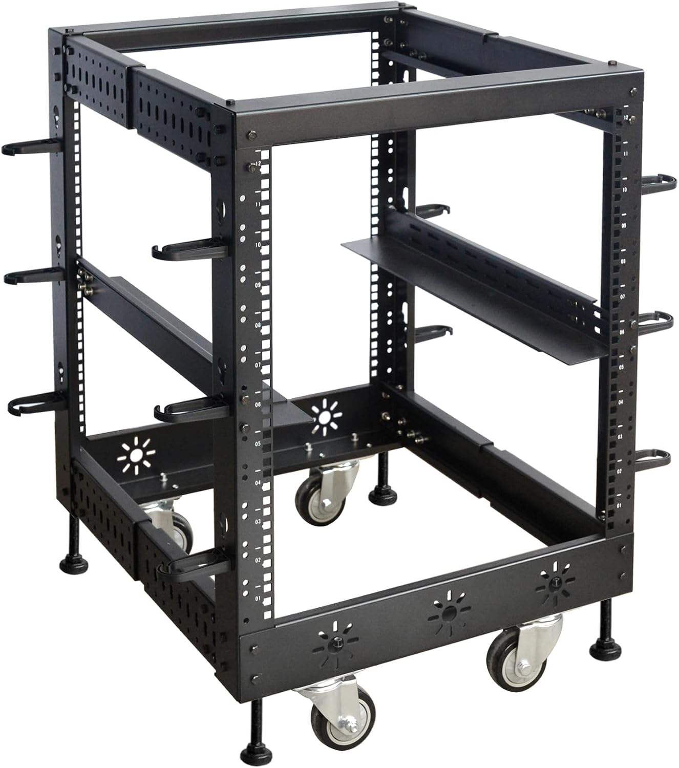 RIVECO 12U 19' Adjustable Depth Server Rack Support Up to 1700LBS Floor Standing 4 Post Rack with L Rails & Load-Bearing Casters Universal for Network Equipment Black