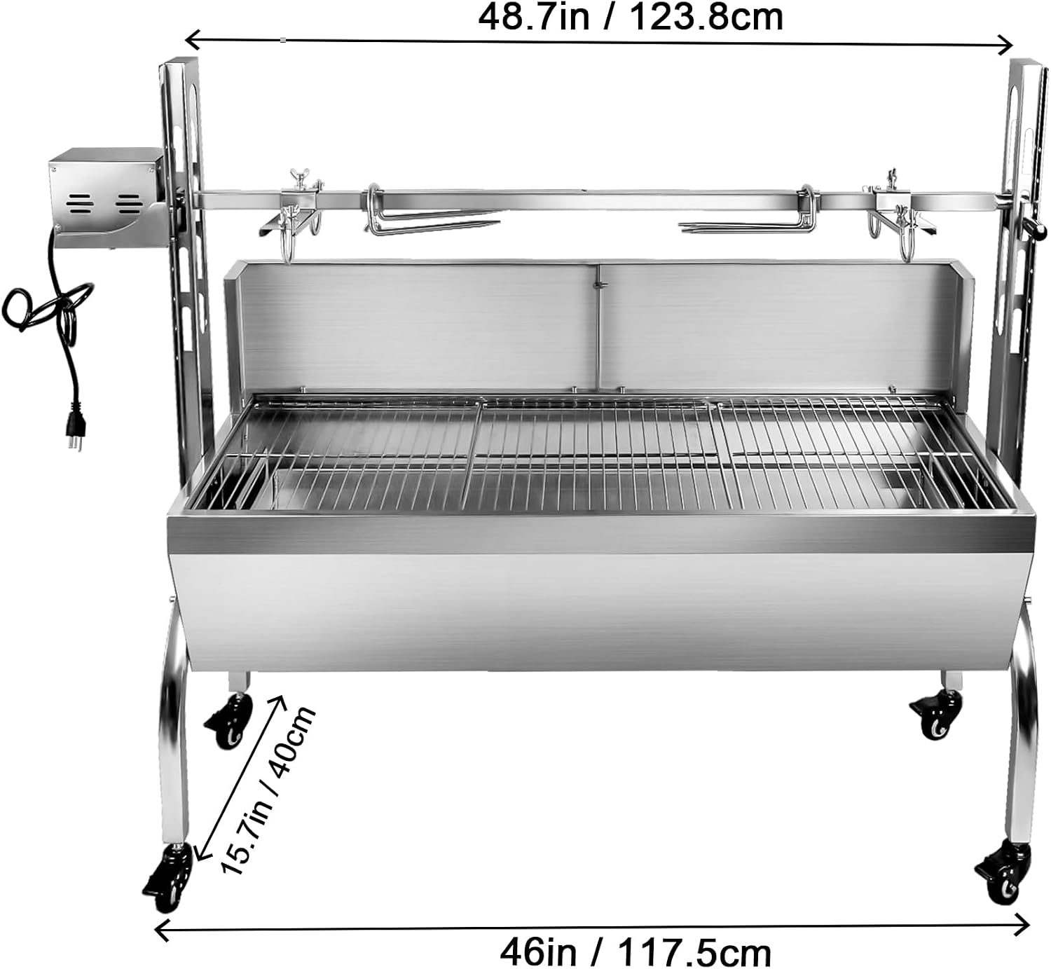 Rotisserie Grill Charcoal Spit Roaster, Stainless Steel 48.6' Pig Lamb Hooded Roaster Charcoal Spit With 25W Motor & Adjustable Height Lockable Casters For Party Barbecue,176 LBS With Baffle