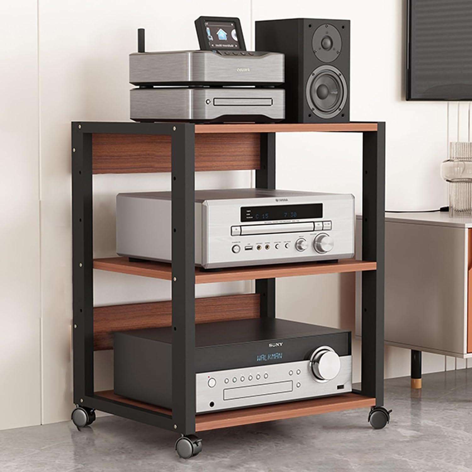 27' Modern Record Player Stand - 3-Tier Adjustable Audio Media Shelf, Mobile Storage Cabinet for Home, Office, Classroom, Stereo Equipment Rack (Brown)