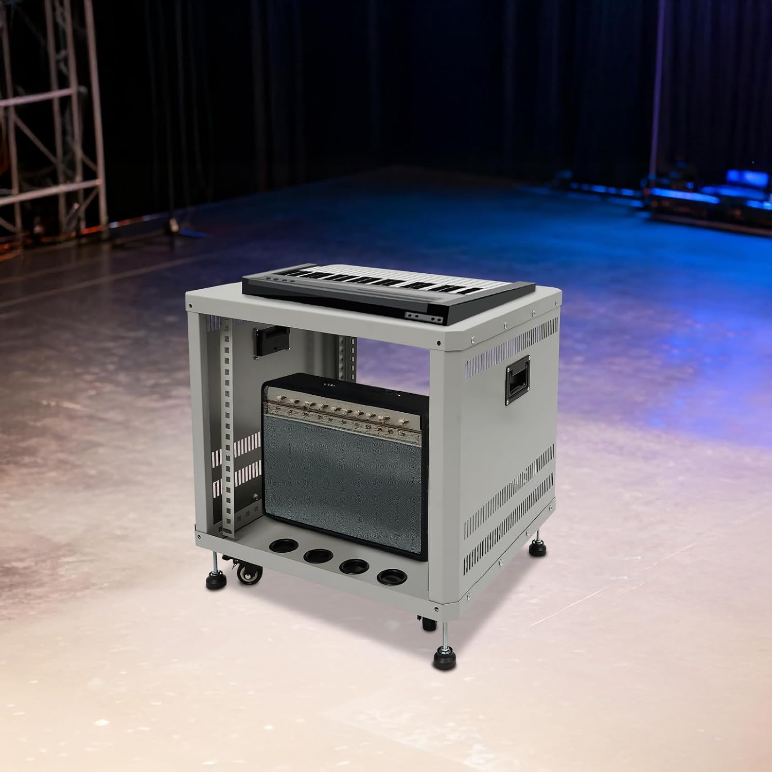 9U AV Rack with Wheels, Metal Studio Cabinet with Cable Ports, 19.8' x 22.4' x 18.3', Portable Home Studio Racks, Floor Standing Server Cabinet for Amplifiers, AV Equipment, Computers