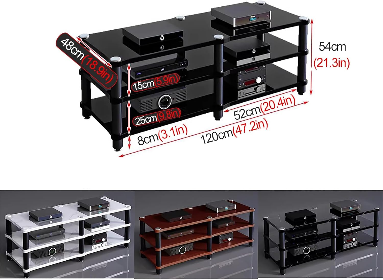 120cm Long Media Stand Audio/Video Component Cabinet, Home Stereo Racks and Stands, Heavy Duty Upright Modern Audio Equipment Rack, Open-Ended Modular Unit, Black-#1-3 Tier