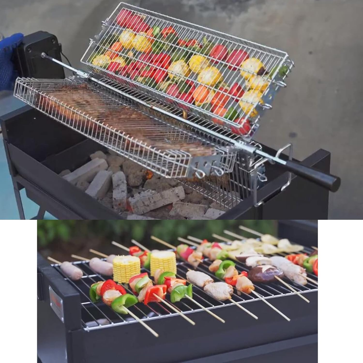 ONLYFIRE GRILLS 2 IN 1 Charcoal Grill Rotisserie Kit with 3 Stainless Steel Rotating Baskets and 24 In Grill Grate, Auto Swivel BBQ Roasting Machine for Outdoor Patio Backyard Barbecue, GS304