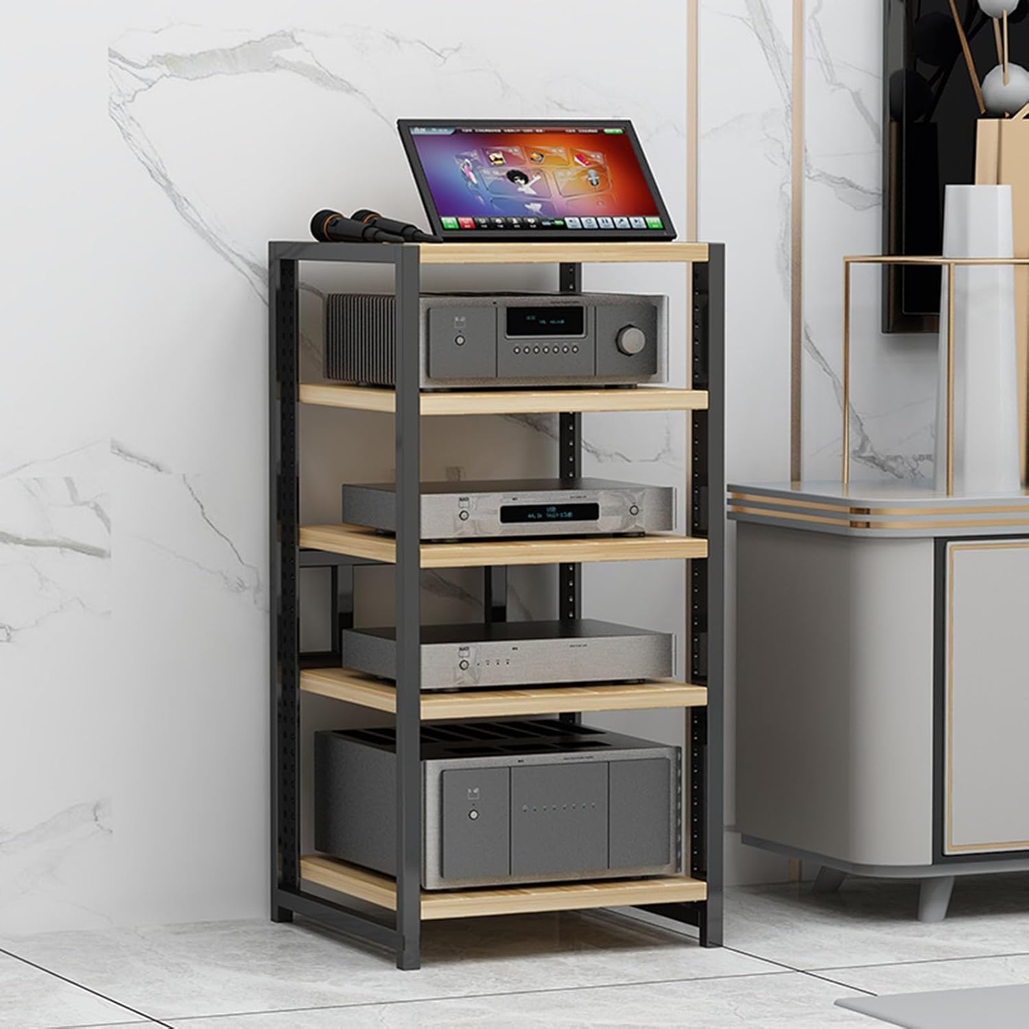 3/4/5/6 Tier Furniture Media Stand Audio Rack DVD CD Player Stand Power Amplifier Equipment Cabinet with Height Adjustable Wooden Shelf, Floorstanding Storage Shelves, 4 Colors