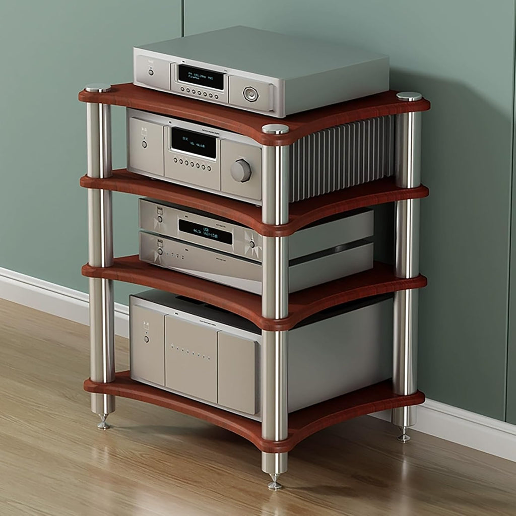 Multifunctional AV Media Stand, Open Wooden Storage Cabinet, 4-Tier Display Shelf with Stainless Steel Frame, Ideal for TV & Audio Equipment (Brown, 60x48x85cm)