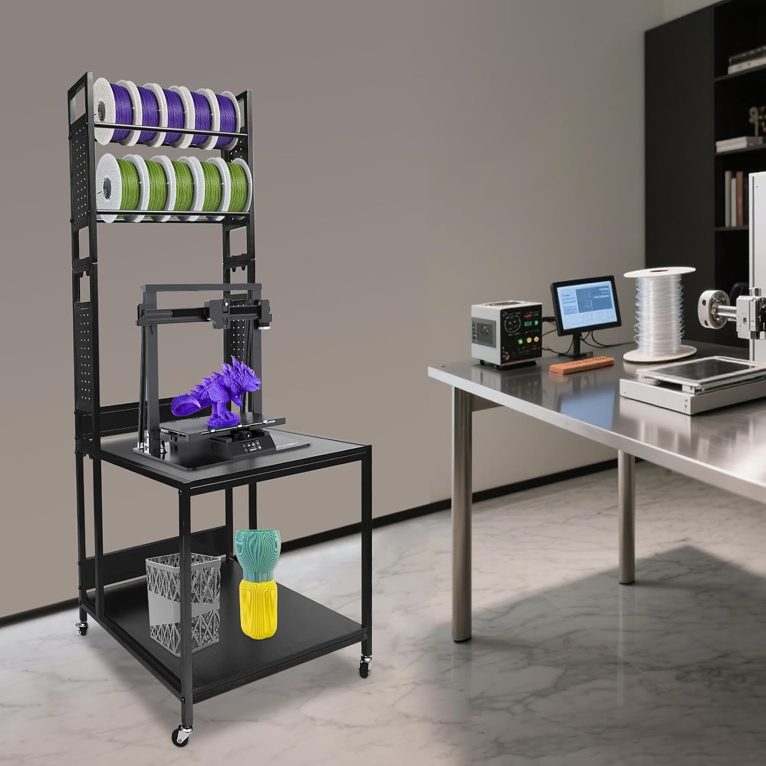 3D Printer Stand with Filament Storage, Heavy Duty 2-Tier Mobile Printer Table with Wheels, 110Lbs Capacity 3D Printer Table with Filament Spool Holder Rack for Workshop Studio Office Home (Black)