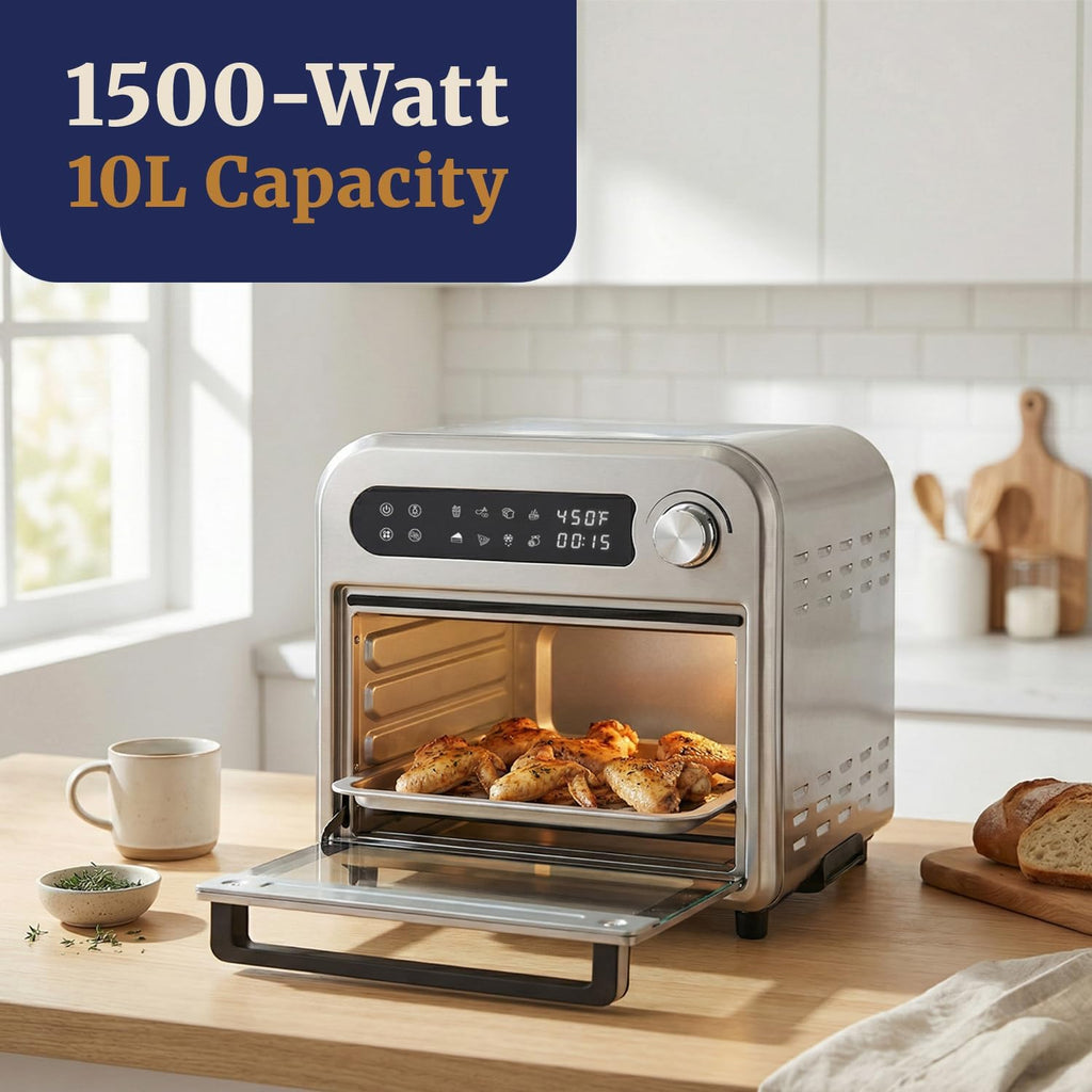 Elite Gourmet EAF1010D Programmable 10L Air Fryer Convection Countertop Oven, 8 Menu Settings, Temperature + Timer Controls, Bake, Toast, Broil, Air Fry, 1500W with Recipes, Steel Exterior