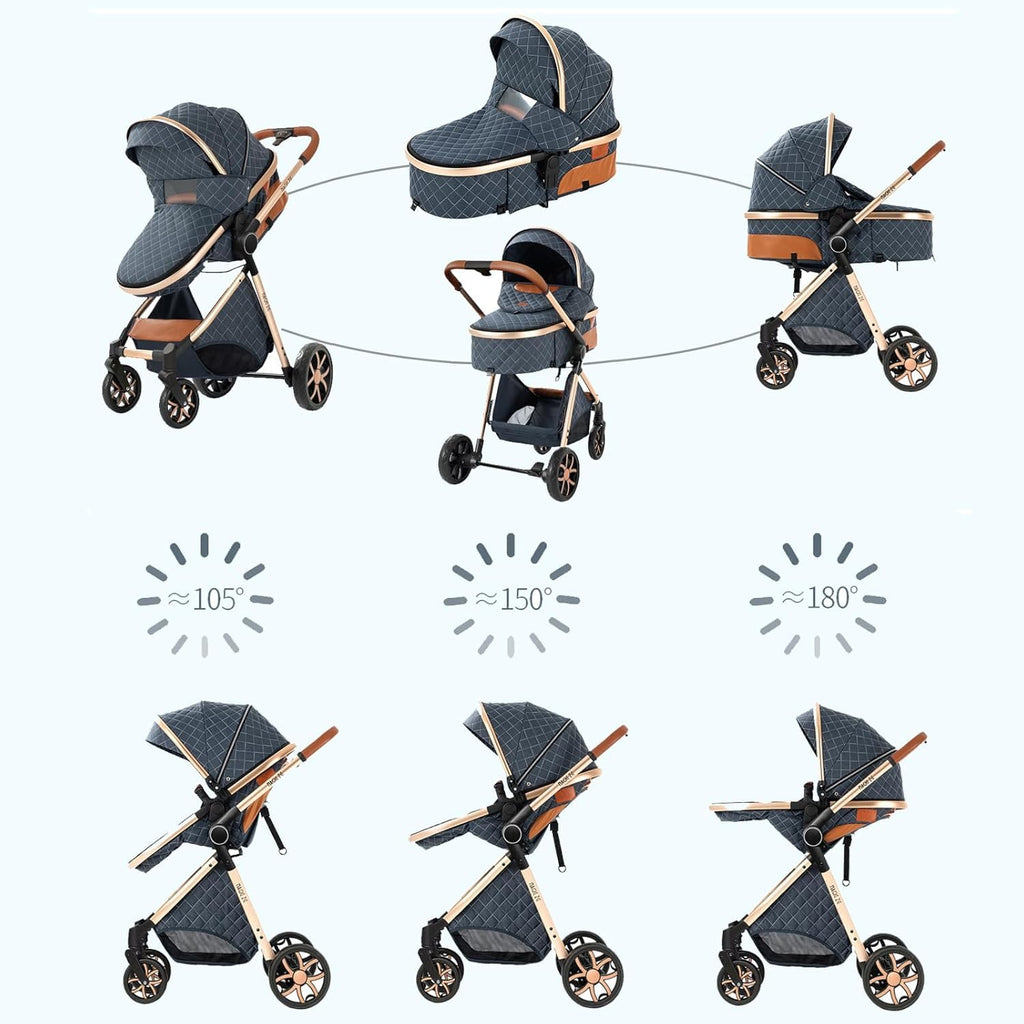 Convertible Baby Stroller:Full-Size Reversible Bassinet & Toddler Seat,Foldable Design with UPF 50+ Canopy,Bug Shield,Rain Shield,All-Weather Storage – Newborn to 36 Months(Black&Gold)