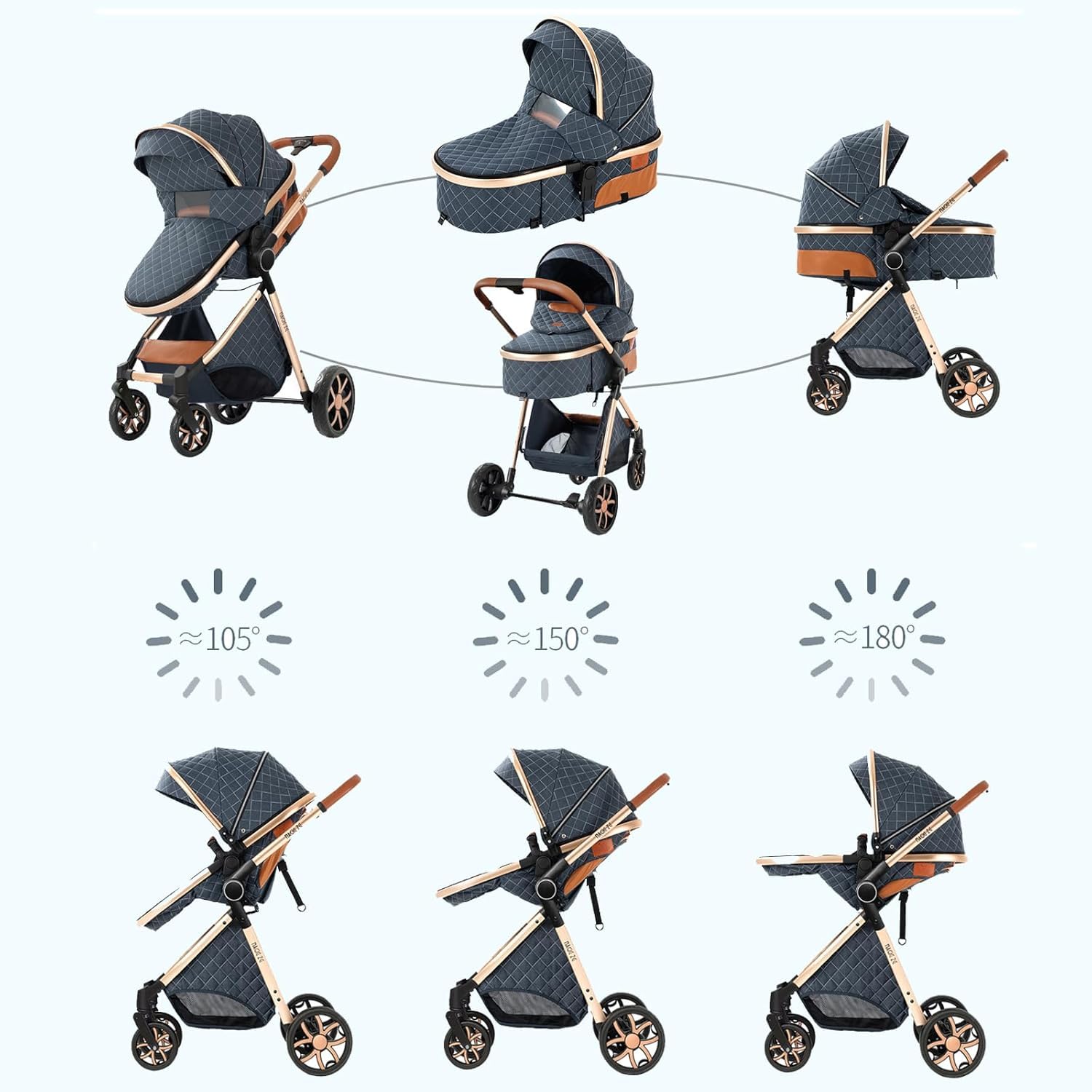 Convertible Baby Stroller:Full-Size Reversible Bassinet & Toddler Seat,Foldable Design with UPF 50+ Canopy,Bug Shield,Rain Shield,All-Weather Storage – Newborn to 36 Months(Black&Gold)