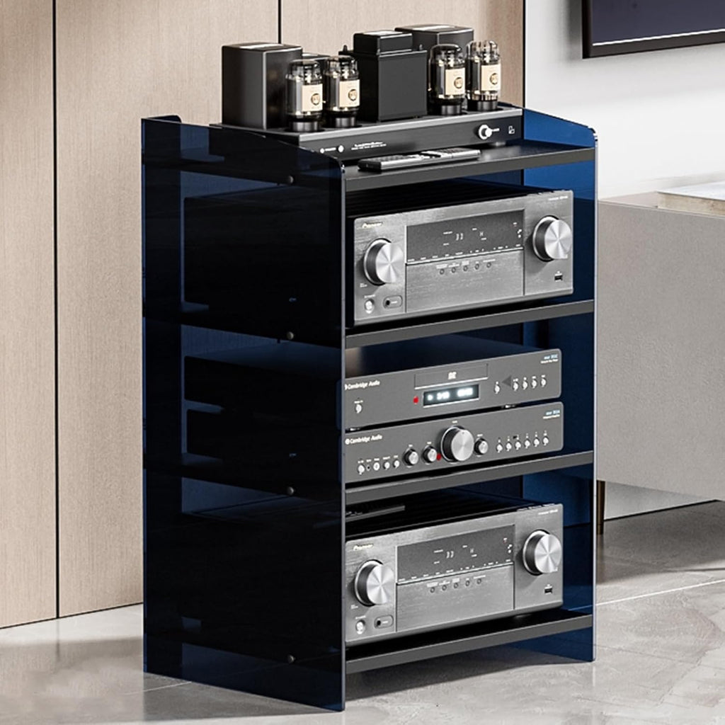 3 4 Tier Media Console Table Stereo Stand Cabinet, Acrylic Audio Equipment Racks w/Adjustable Board for Home Living Room, Record Player Tower Shelving Organizer(B,4 Tier)