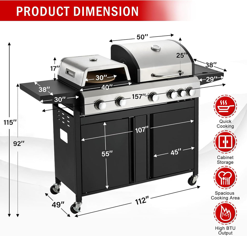 MELLCOM 3 IN 1 Pizza Griddle Grill Combo, 74,000 BTU 5-Burner Stainless Steel Propane Gas Grill with Side Burner, Porcelain Enameled Cast Iron Grates, Griddle & Pizza Oven for Outdoor Patio Backyard