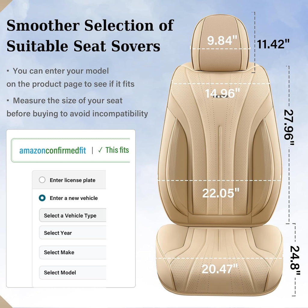Coverado Car Seat Covers Full Set, Breathable Nappa Leather Seat Covers for Cars, Universal Seat Covers, Front and Back Waterproof Car Seat Protector, Automotive Seat Cushion Fit Most Cars(Beige)