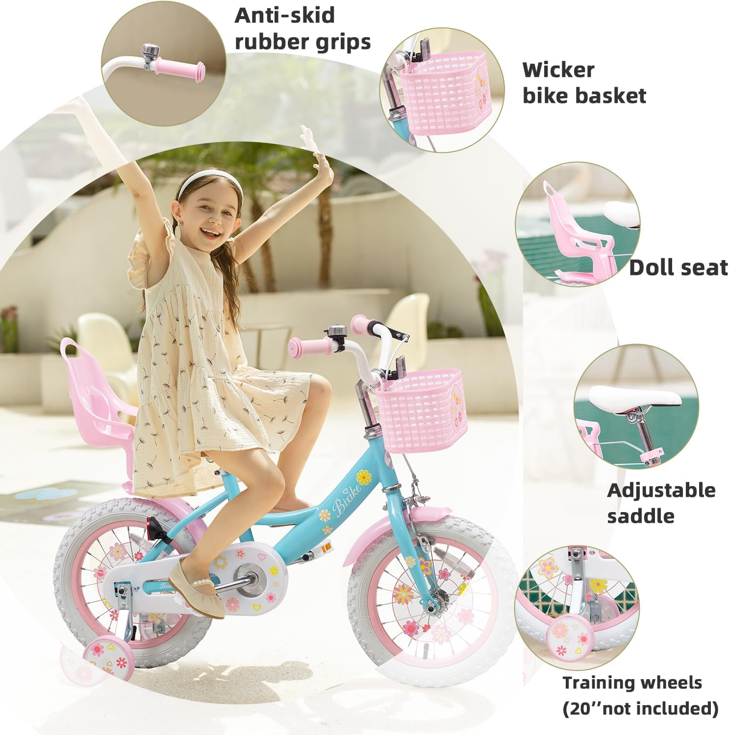 Bixike Girls Bike with Basket for Toddlers and Kids Aged 3-14 Years Old, 12 14 16 18 Inch with Training Wheels & Doll Seat, 20 Inch with Kickstand & Rear Rack, Princess Style Bicycle for Gift.