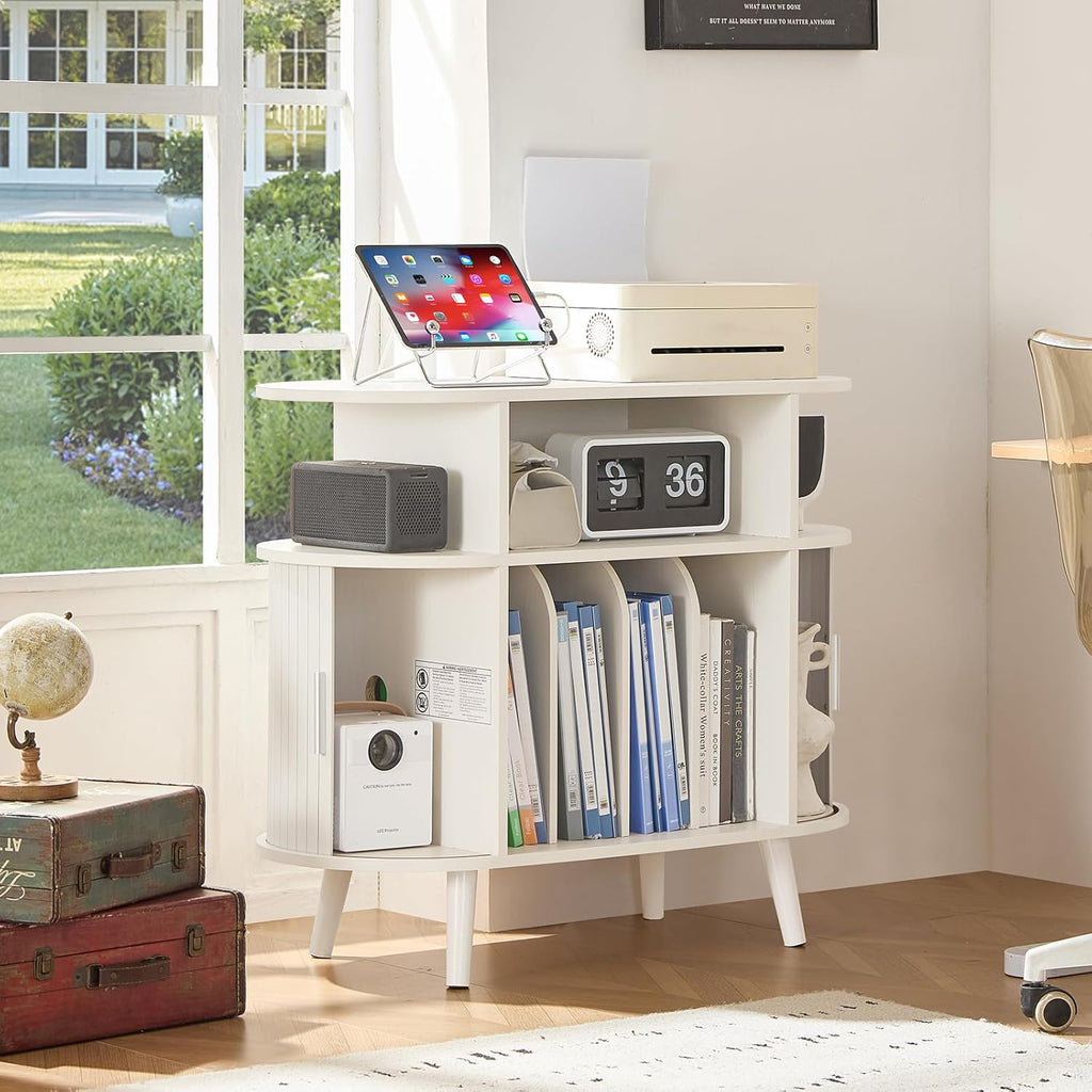 LELELINKY Large Round Record Player Stand with Charging Station & Fluted Display Shelf, White Mid Century Modern Turntable Cabinet with Vinyl Storage, Arched Wood Record Player Table for Living Room