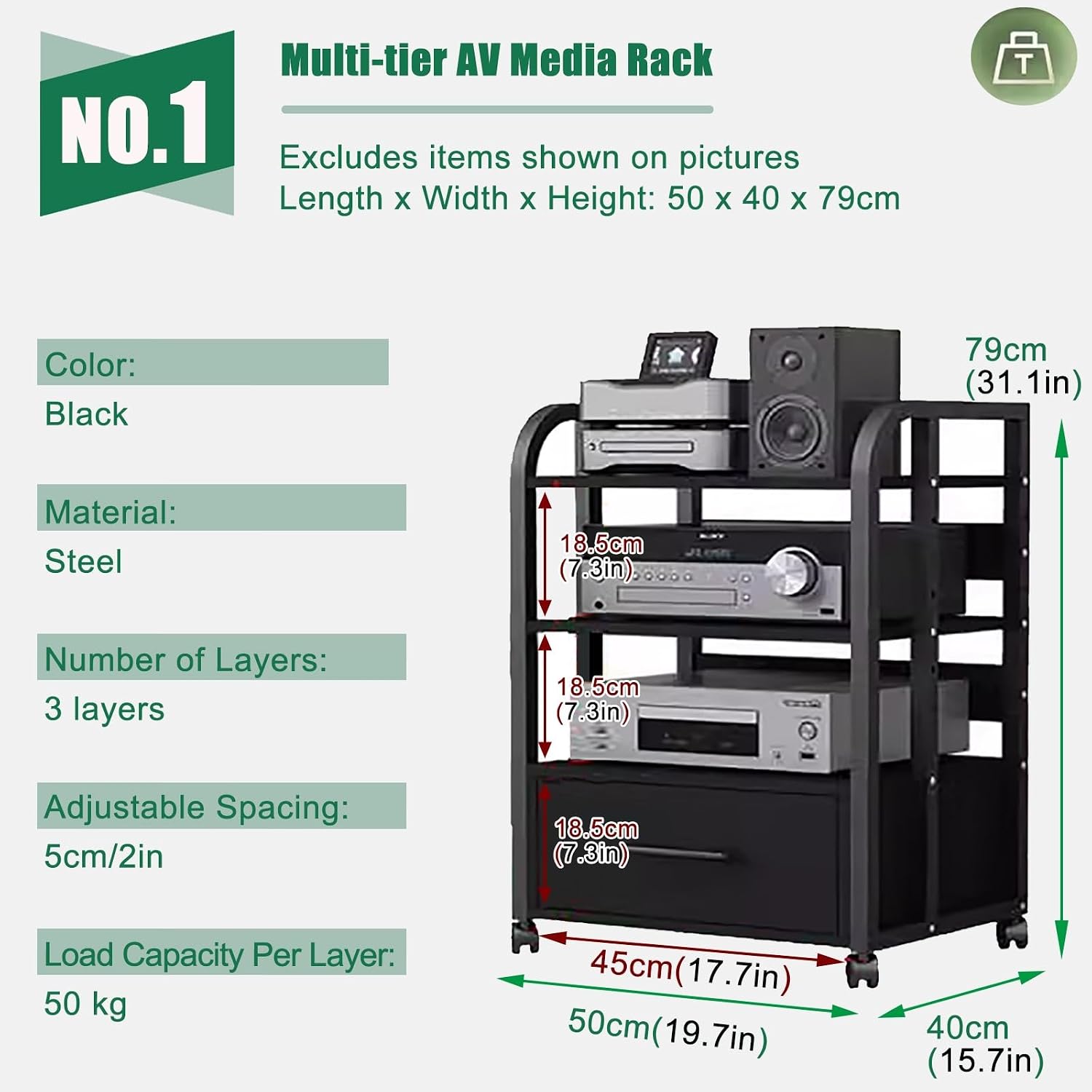 Metal Audio Rack with Drawer 16 18in - 3 Tier Stereo Components Rack/Cabinet - Media Shelf Black for Tv Accessories Games Consoles Audio Equipment(3D1-79cm)