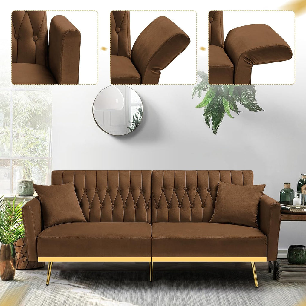 70' Velvet Futon Sofa Bed with 2 Pillows and Adjustable Armrests, Convertible Sleeper Bed W/Adjustable Backrests, Modern Loveseat for Living Room, Bedroom, Brown