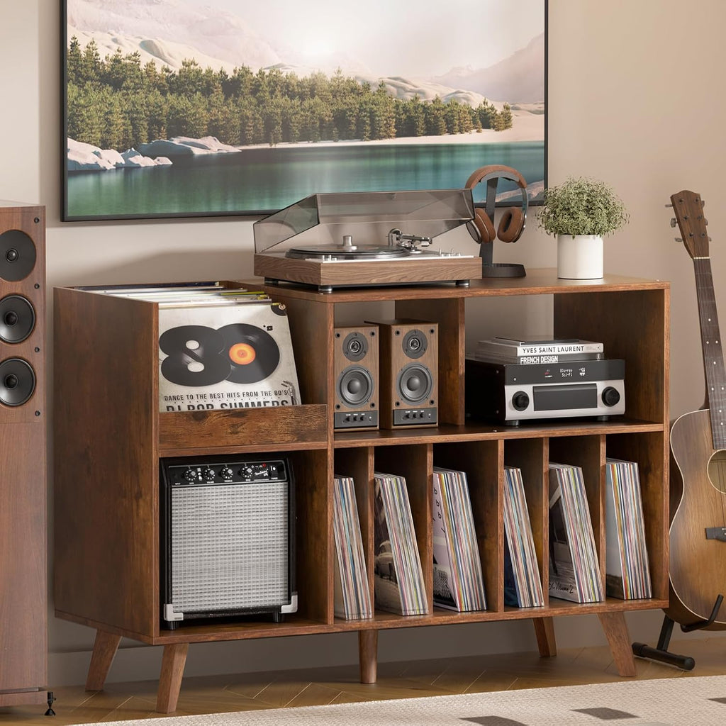 LELELINKY Large 48'' Record Player Stand with Storage, Vinyl Record Storage Holder with Display Area, Turntable Stand Record Player Table Holds Up to 450 Albums,Record Stand for Music Room Living Room