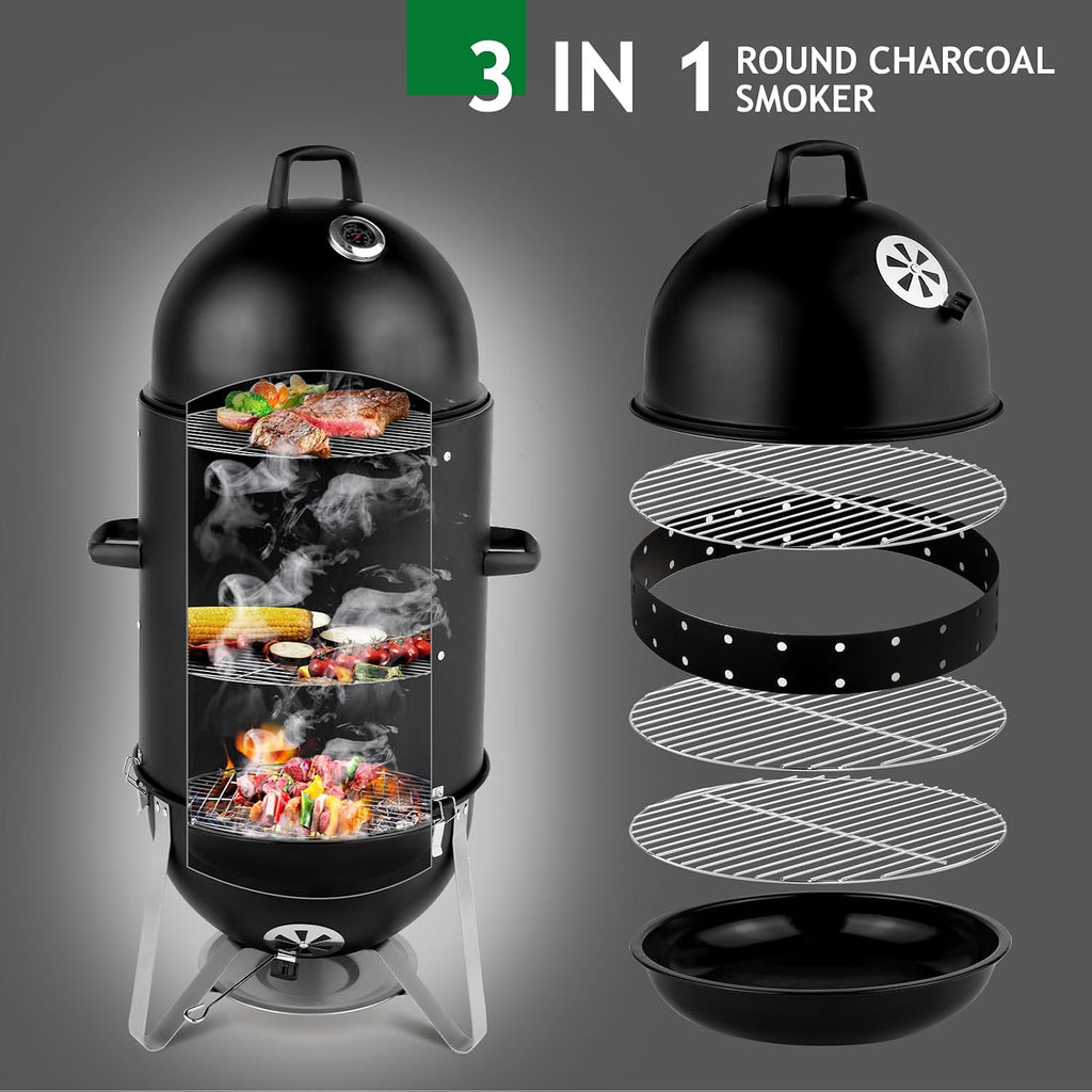 VINGLI 4-Tier 3-in-1 Vertical Charcoal Grill, 18.8 Charcoal Smoker with Built-in Thermometer, Air Vent and Access Doors, Perfect for Outdoor Cookings, Camping, Picnics, BBQs, and Tailgating Parties