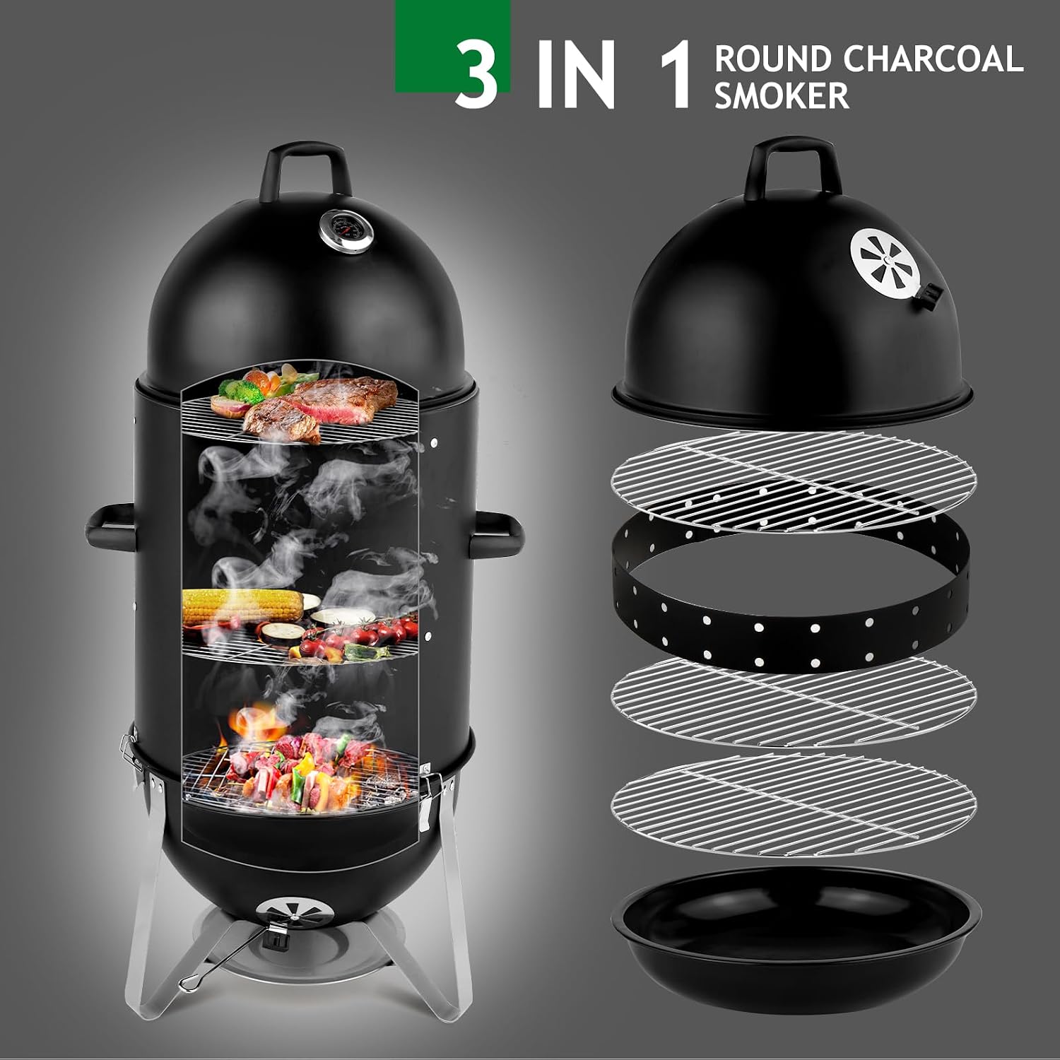 VINGLI 4-Tier 3-in-1 Vertical Charcoal Grill, 18.8 Charcoal Smoker with Built-in Thermometer, Air Vent and Access Doors, Perfect for Outdoor Cookings, Camping, Picnics, BBQs, and Tailgating Parties