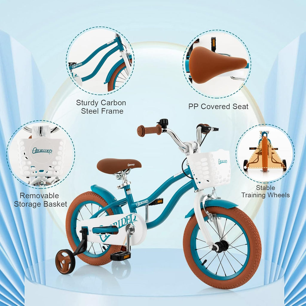 BABY JOY Kids Bike, 12 14 16 18 20 Inch Boys Girls Bike w/Adjustable Seat, Removable Basket, Handbrake & Coaster Brake, Training Wheels or Kickstand, Kids Bicycle with Multi-Color