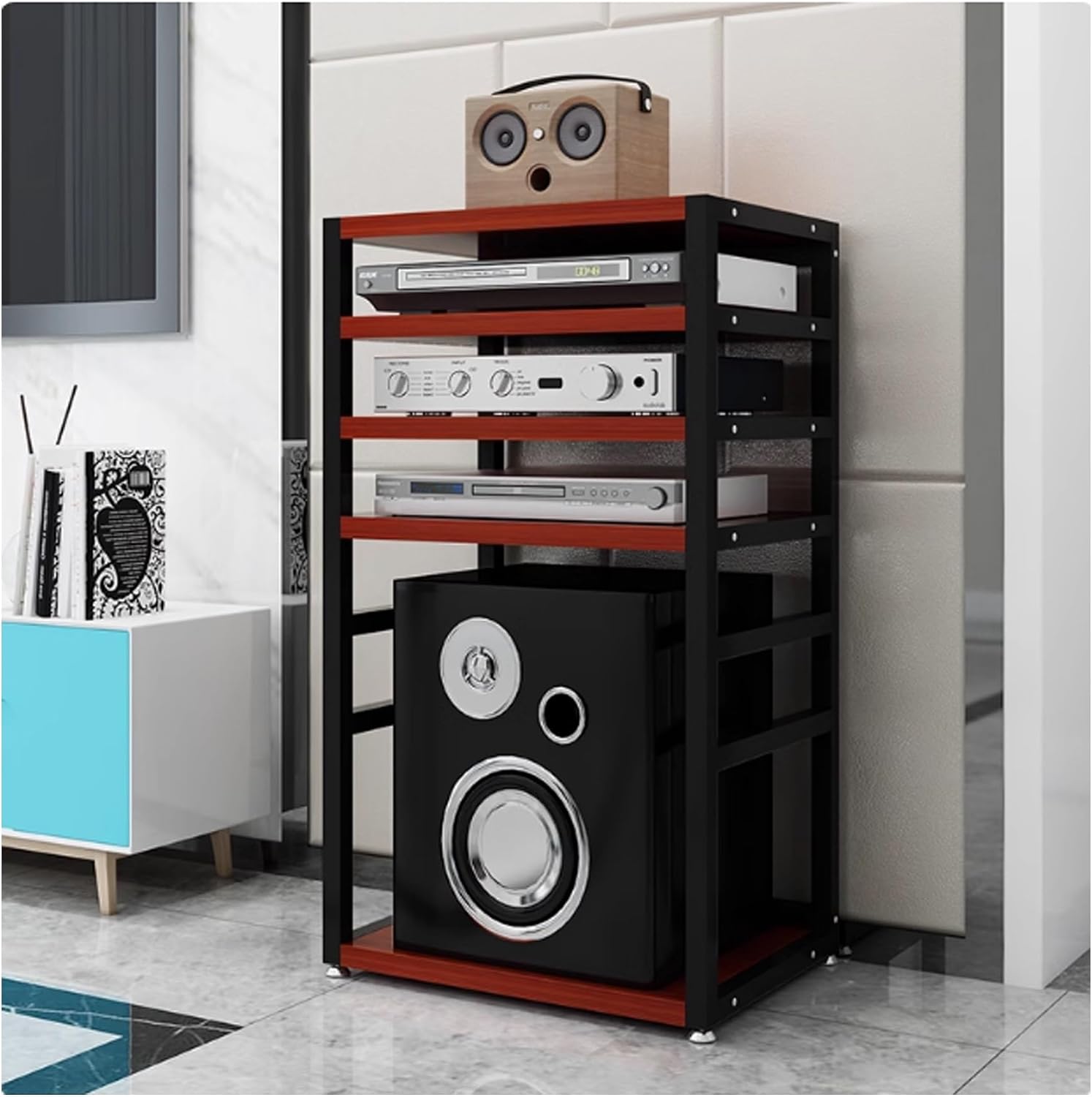 5-Tier AV Media Stereo Stand - Open Storage Shelves for Audio-Video Equipment, Gaming & Recording Room Cabinet - Red Walnut Finish, 21.7x15.7x37.8in