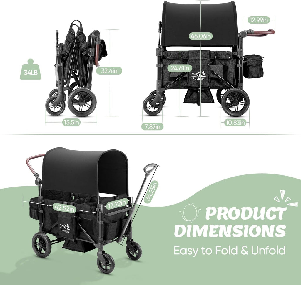 Rovique Stroller Wagon for 2 Kids,Premium Wagon for Kids with Removable Canopy,Snack Tray,All-Terrain PU Wheels & Adjustable Push/Pull Handle (Black)