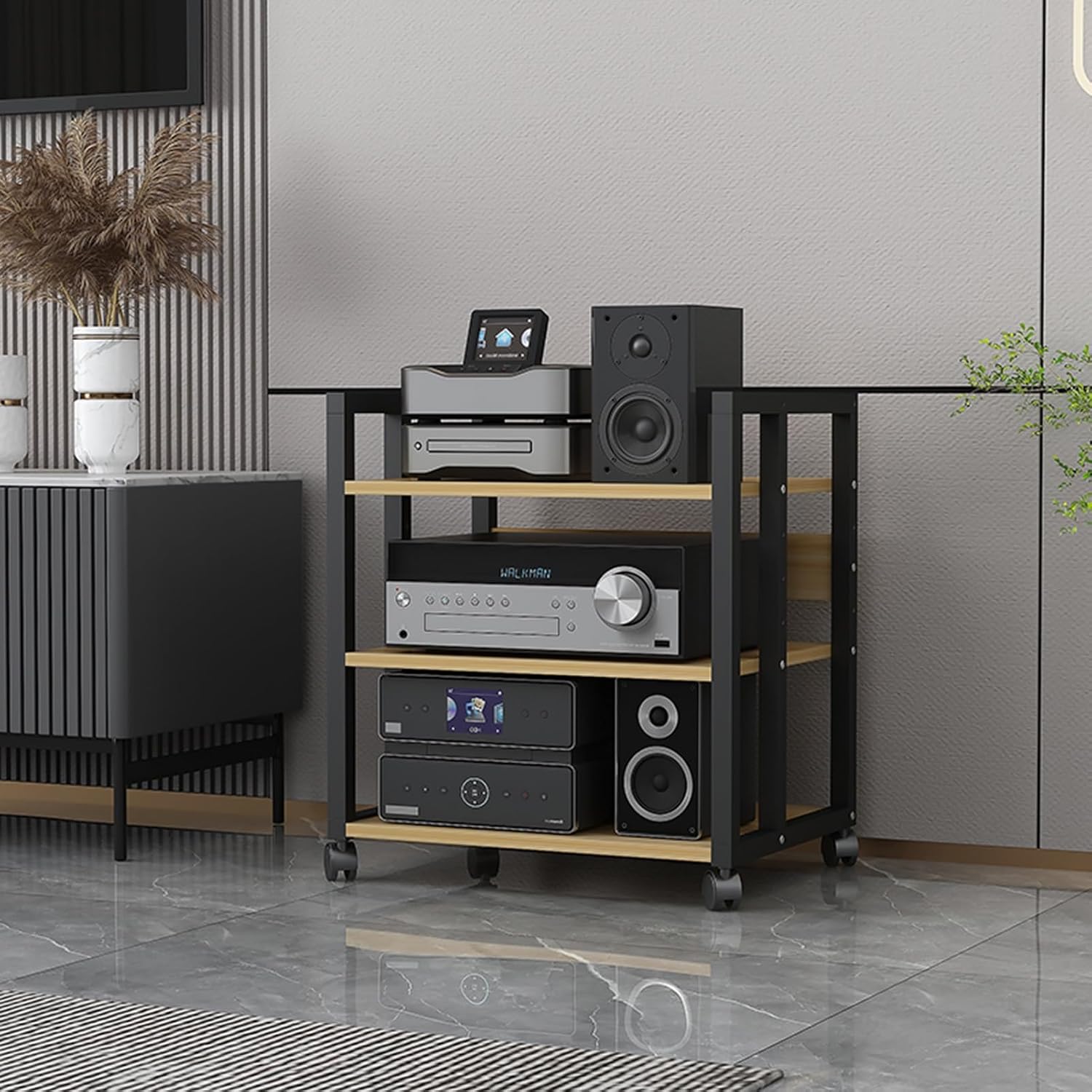 3/4/5/6-Tier Audio Stereo Rack Media Stand AV Component Cabinet with Height Adjustable Wooden Shelf, Power Amplifier Equipment Storage Open Cabinet for Home/Office/Theater (Color : A, Size : 3 Tier