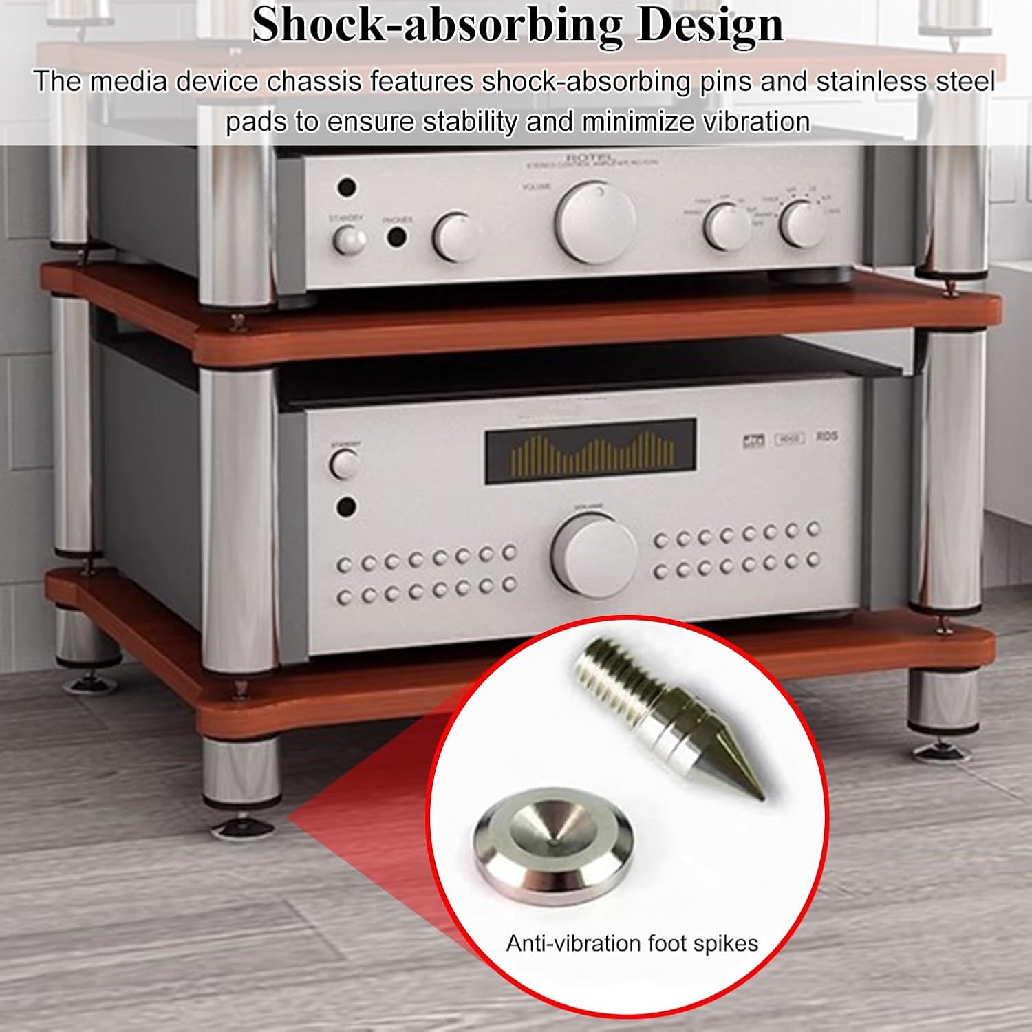 4-Tier AV Media Stand HiFi Rack Multifunctional Media Component Storage Cabinet with Shock-Absorbing Feet for Record Player, Audio Entertainment Equipment(Light Walnut)