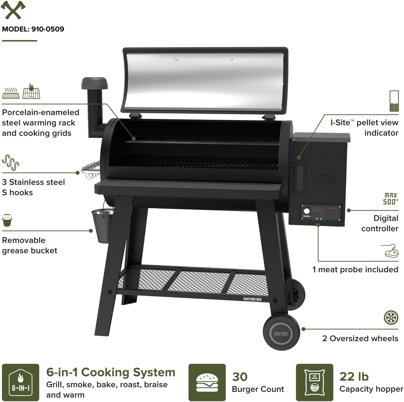 Oakford 930 Wood Pellet Grill with 930 SQ In Cooking Area, Steel Wire Grates, I-Site View Indicator, Heavy Duty Pellet Smoker Grill with Bluetooth Connectivity - 910-0509