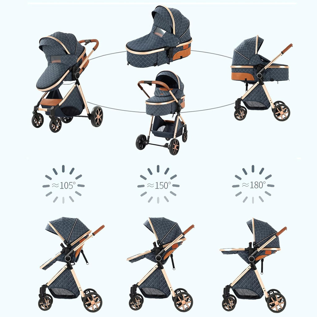 2 in 1 Baby Stroller Reversible Portable Standard Stroller Convertible Pushchair Infant Buggy Baby Carriage Foldable High Landscape Pram for Toddler Newborn (225 Pink)
