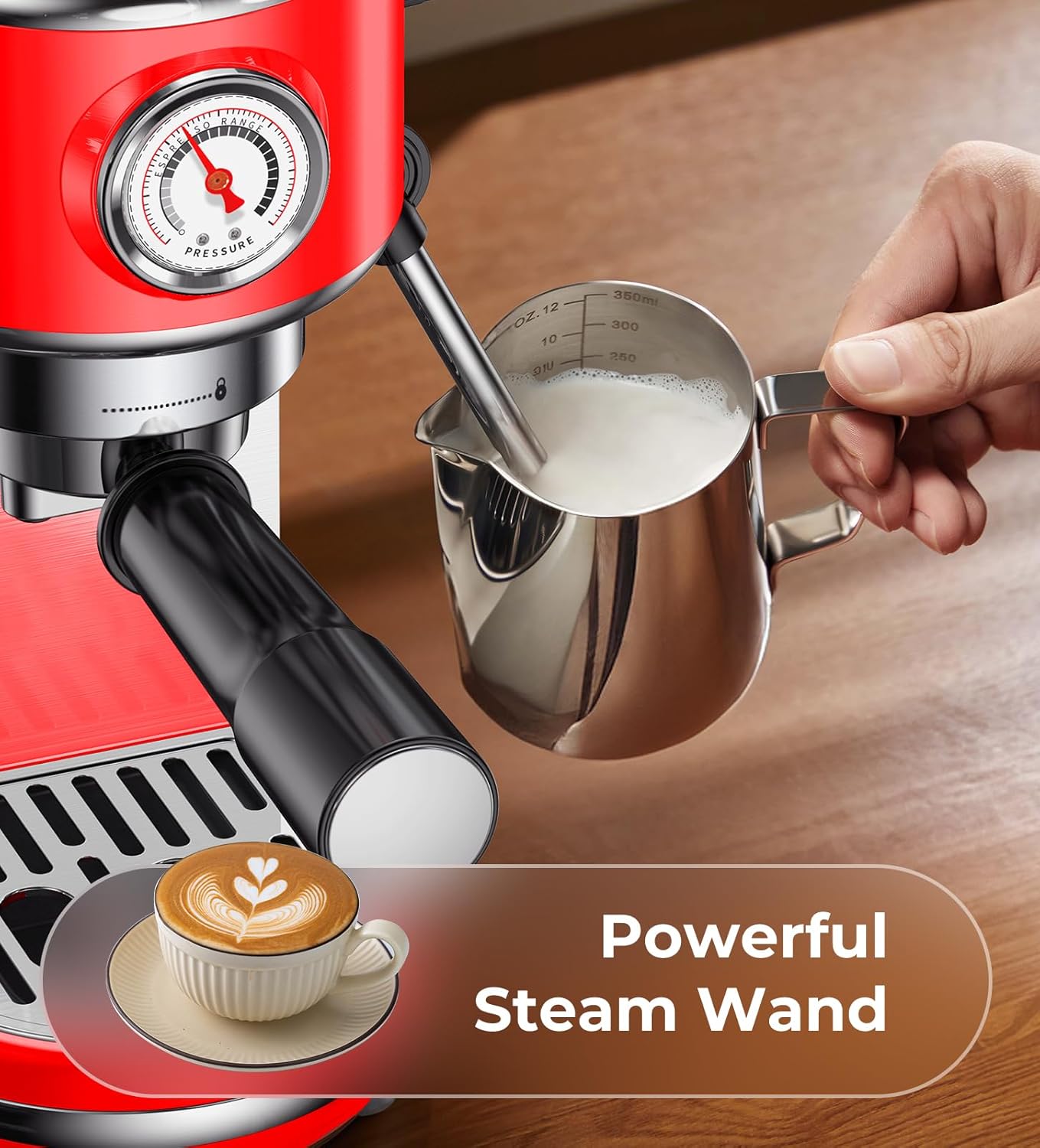 atatix 20 Bar Espresso Machine with Milk Frother, Compact Espresso Maker, Stainless Steel Coffee Machine with Precise Temp Control & 44oz Removable Water Tank for Latte, Cappuccino, Red
