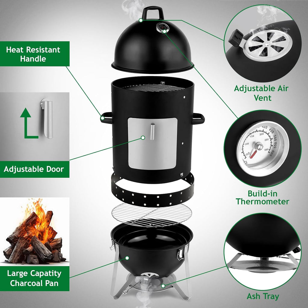 VINGLI 4-Tier 3-in-1 Vertical Charcoal Grill, 18.8 Charcoal Smoker with Built-in Thermometer, Air Vent and Access Doors, Perfect for Outdoor Cookings, Camping, Picnics, BBQs, and Tailgating Parties