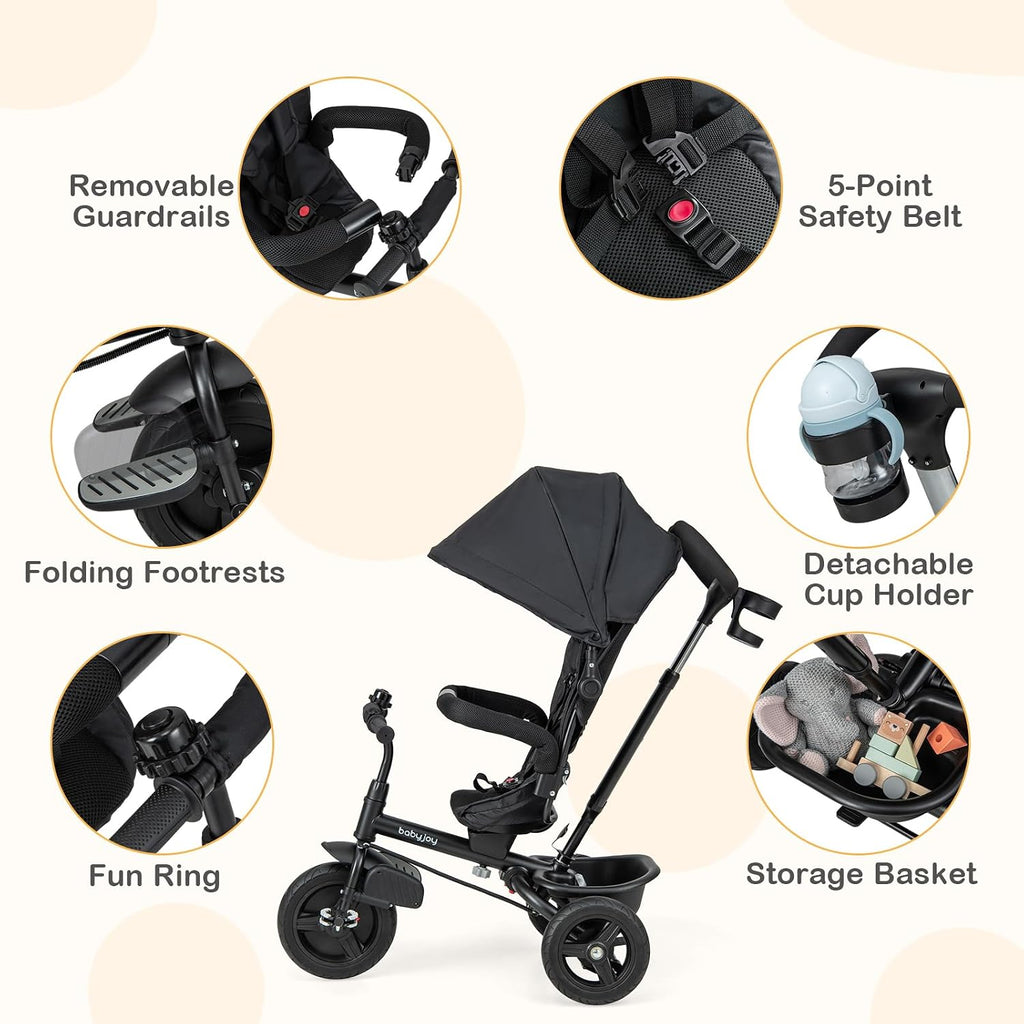BABY JOY Tricycle, 6 in 1 Trike for Toddler w/Reversible Seat, Adjustable Canopy & Parent Handle, 5-Point Safety Belt, PU Wheels and Storage Basket, Push Tricycle for 9-60 Months (Black)