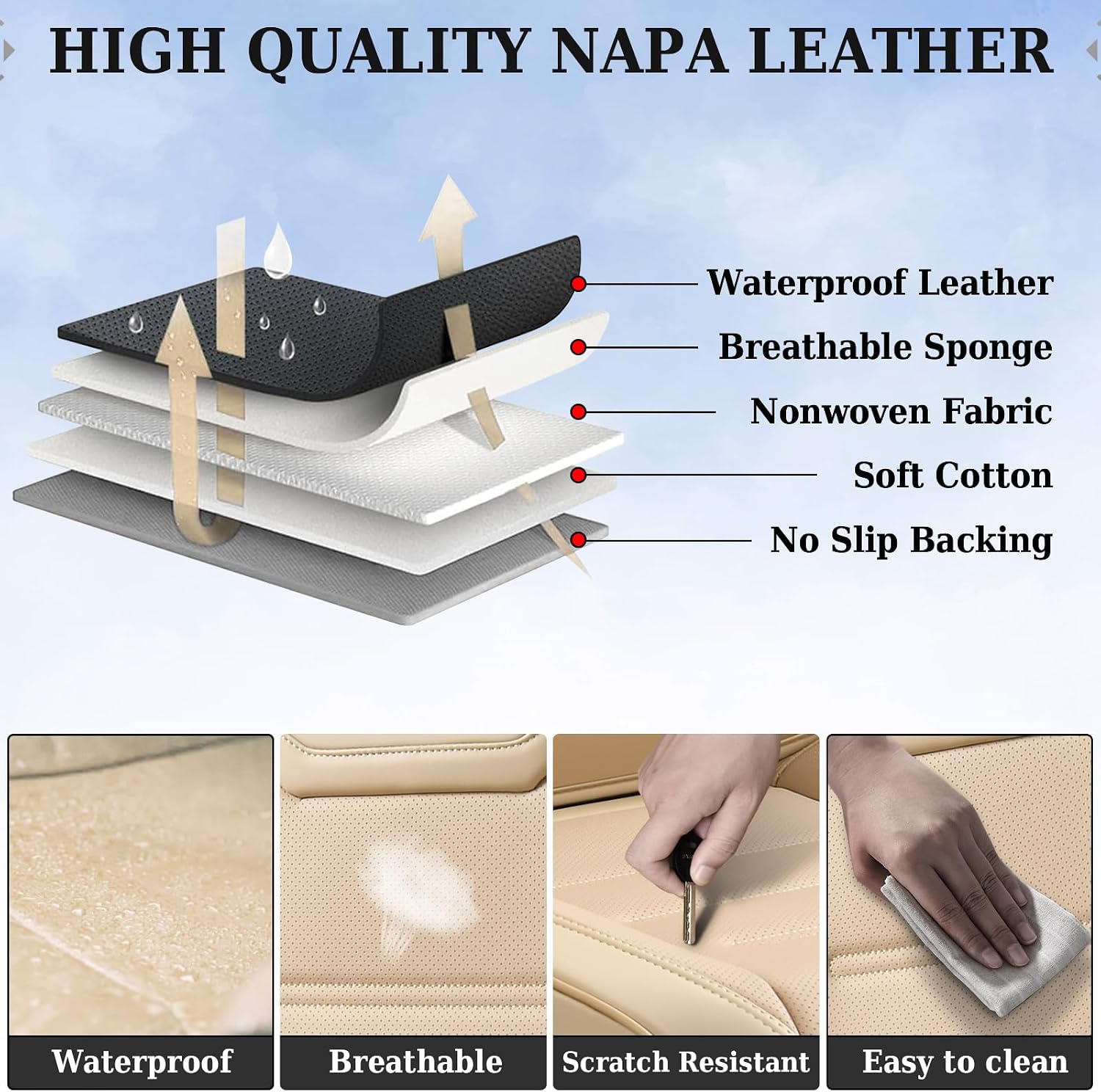Coverado Car Seat Covers Full Set, Waterproof Car Seat Protector, Leather Seat Cushion, Universal Car Interior Covers Seat Protectors for Most Cars Beige