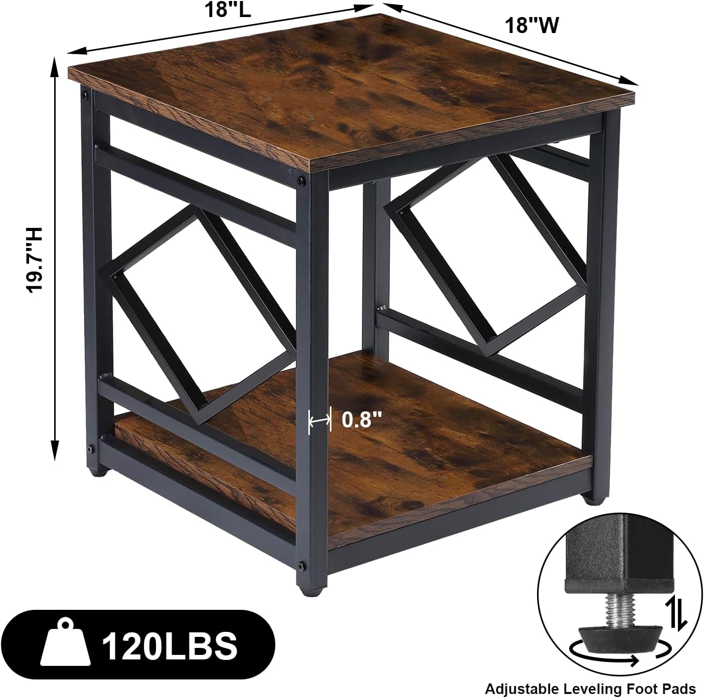 HODGSON Industrial End Table Side Table with Storage 18' *18', Square Wood End Table Stand for Mini Fridge Living Room Bedroom Room Corner Dorm Night Stand with Storage Metal Frames