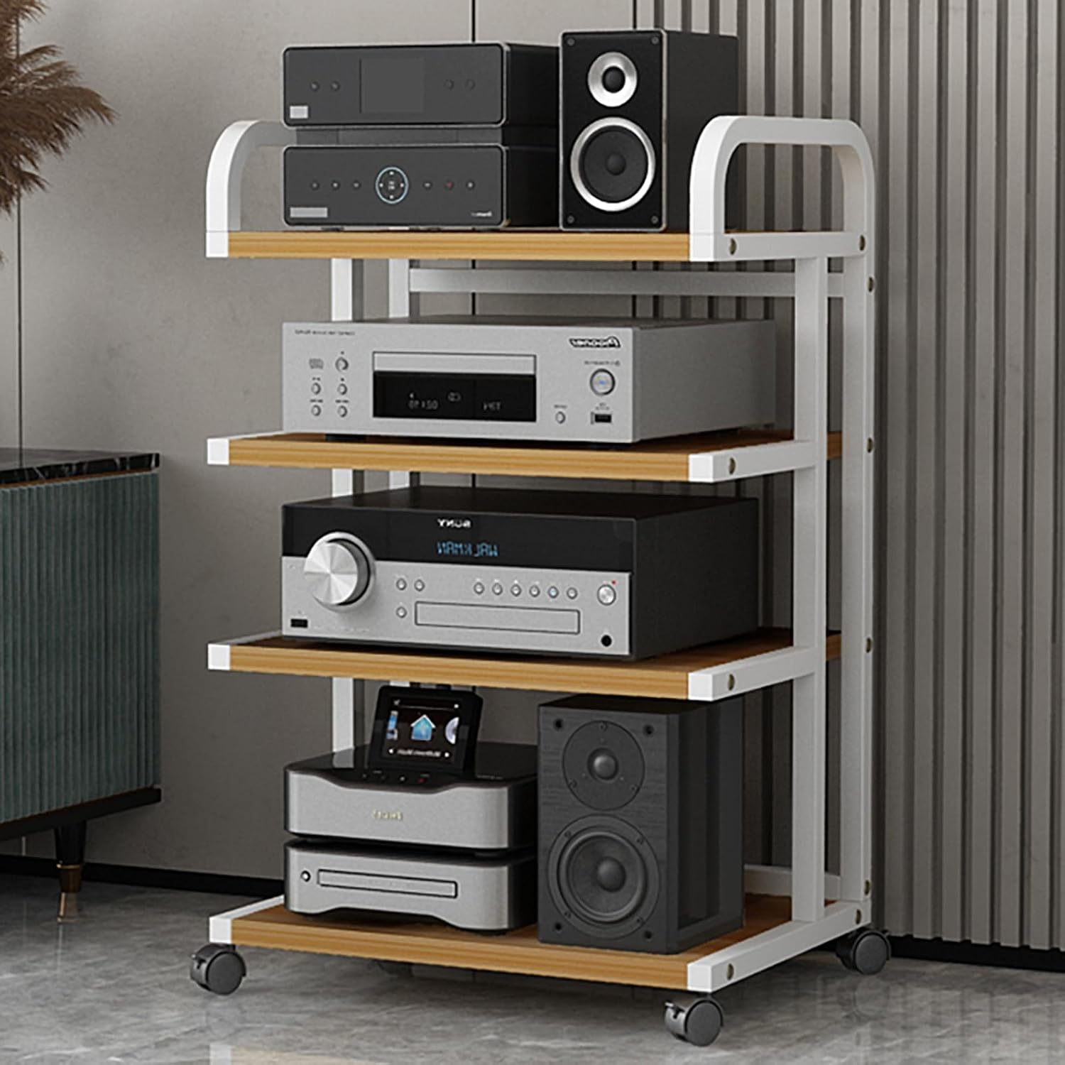 Multimedia HiFi Equipment Stand with Wheels, 4-Tier Stereo Component Storage Shelf, Carbon Steel Audio Rack for Living Room & Bedroom, 90CM Height, Home