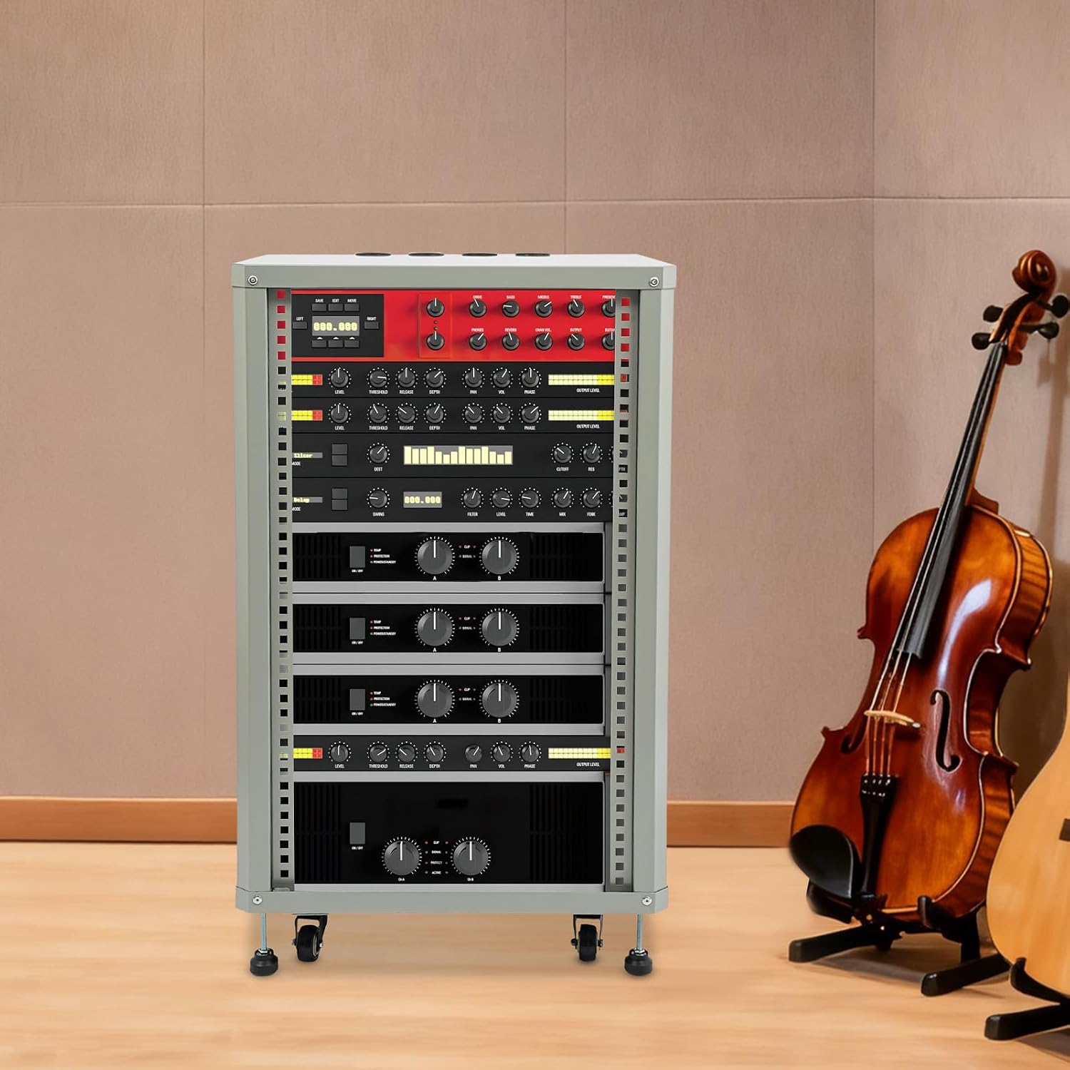 Network Audio Rack with Wheels, Steel Server Rack Cabinet for AV Equipment, Amplifiers, Network Gear, Rolling Universal Rack with Cable Management & Ventilation (Gray, 18U)